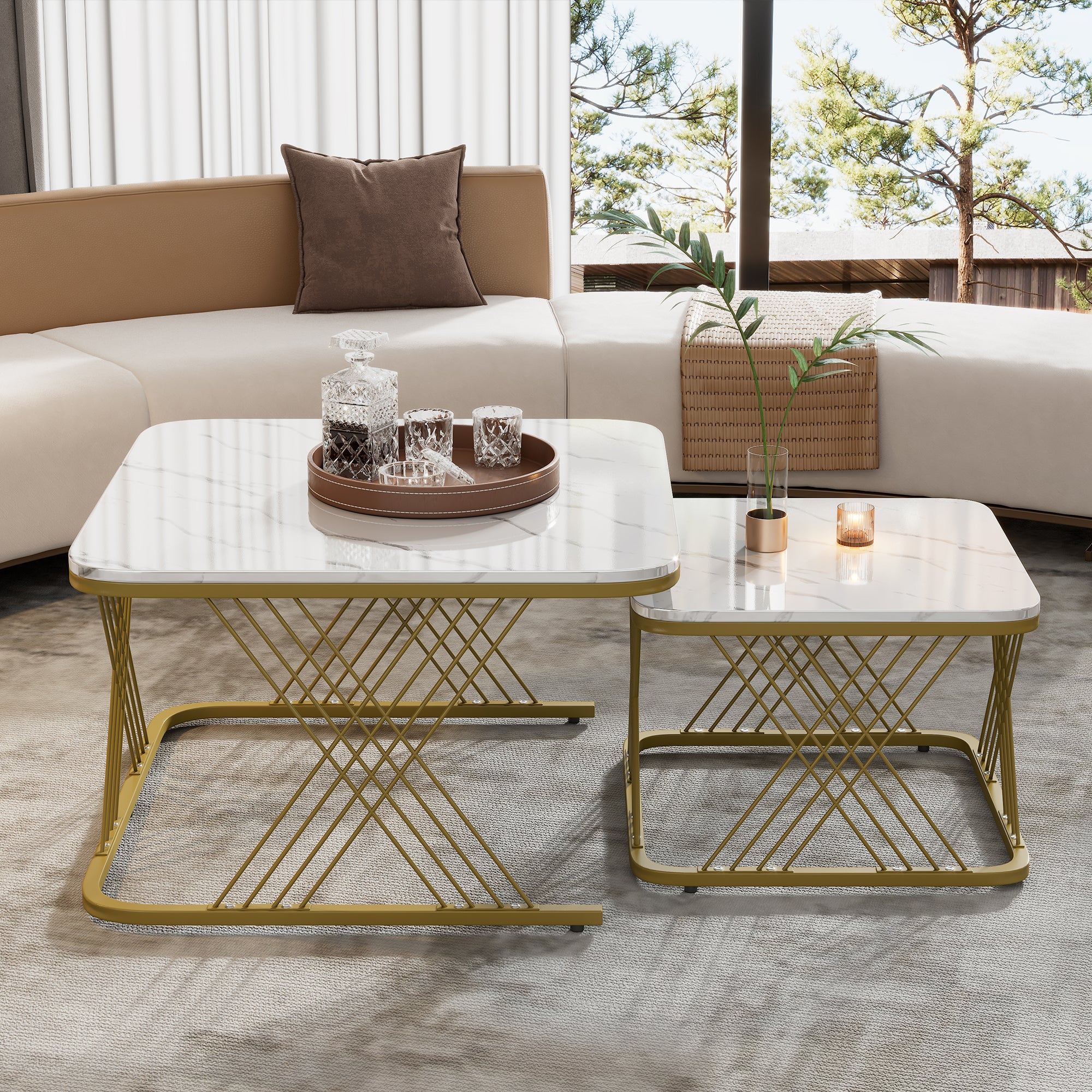 Nest of 2 Tables Coffee Table Set, Gold Metal Frame & Marble Pattern Top, White + Gold