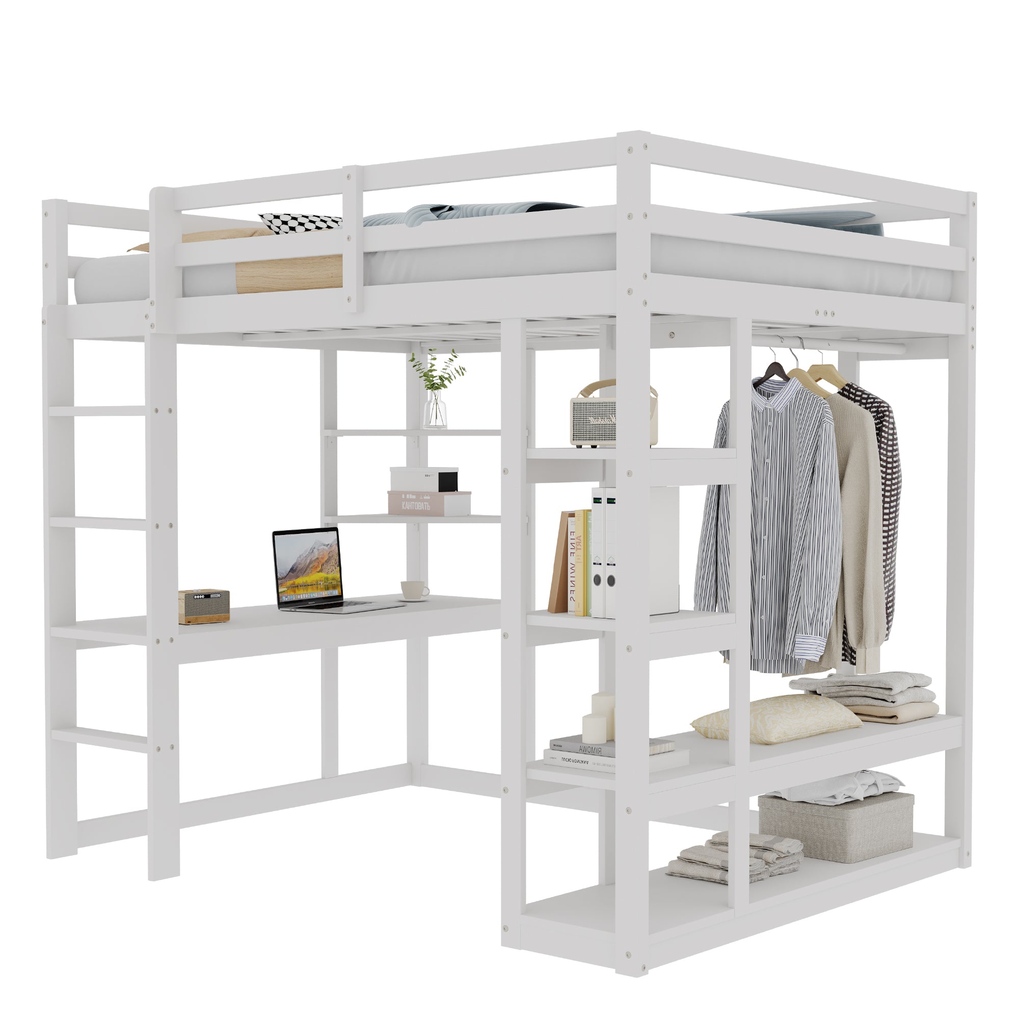 Loft Bed with Ladder, 140x200cm, Table, Shelves, Solid Wood White