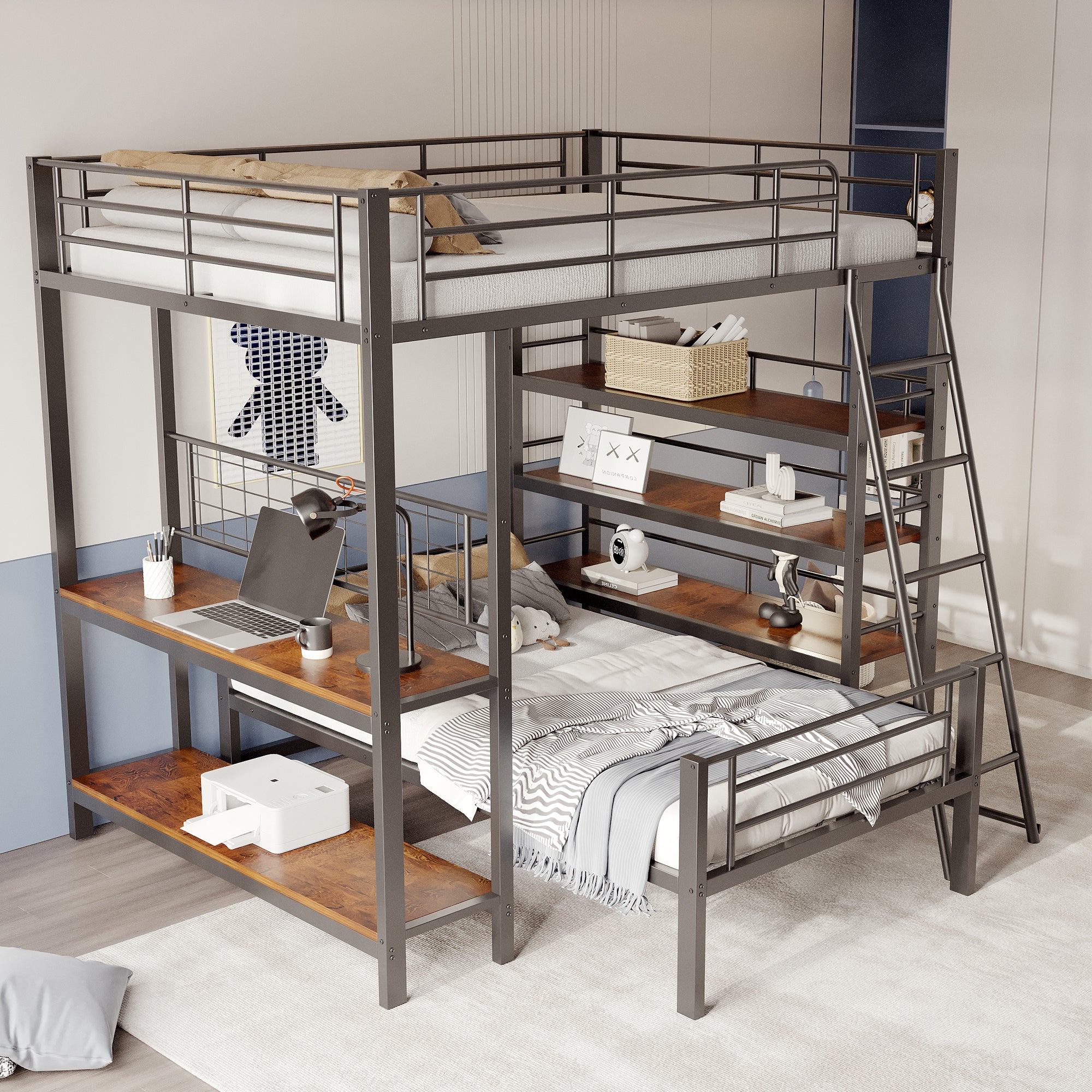 Bunk Bed Metal Frame Loft Bed 140*200 Multifunctional with Storage, Black