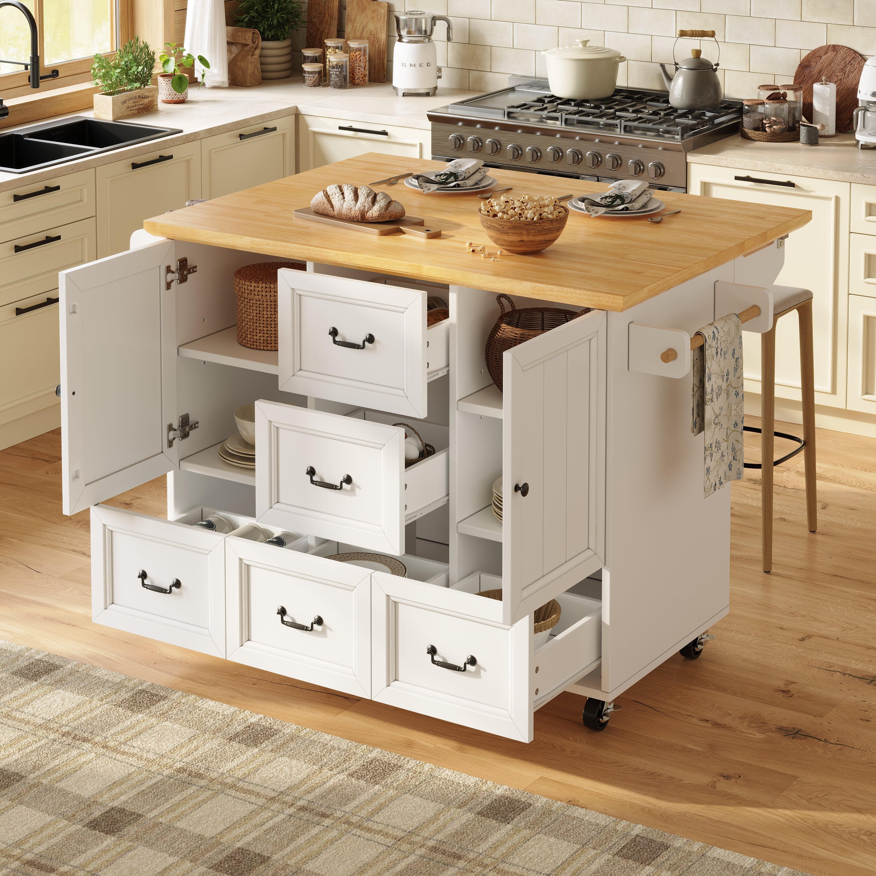 Kitchen Island Trolley Extendable Storage Casters, White/Black