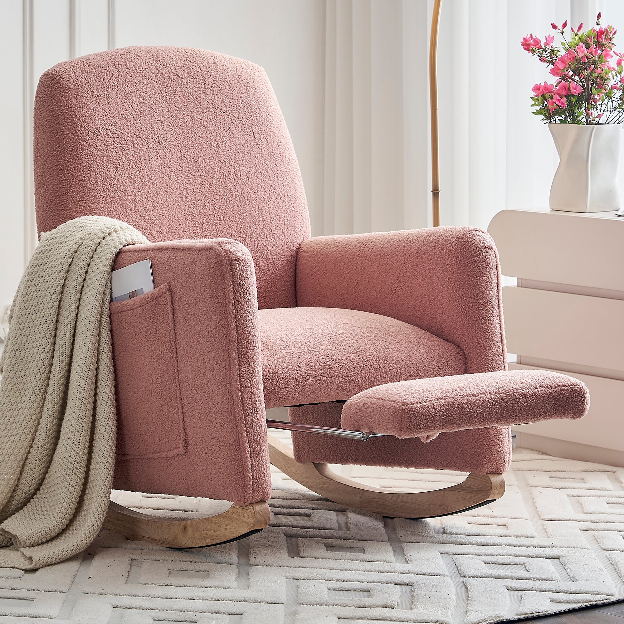 Rocking Chair with Stool, Indoor Recliner with High Backrest, Pink Teddy Fabric
