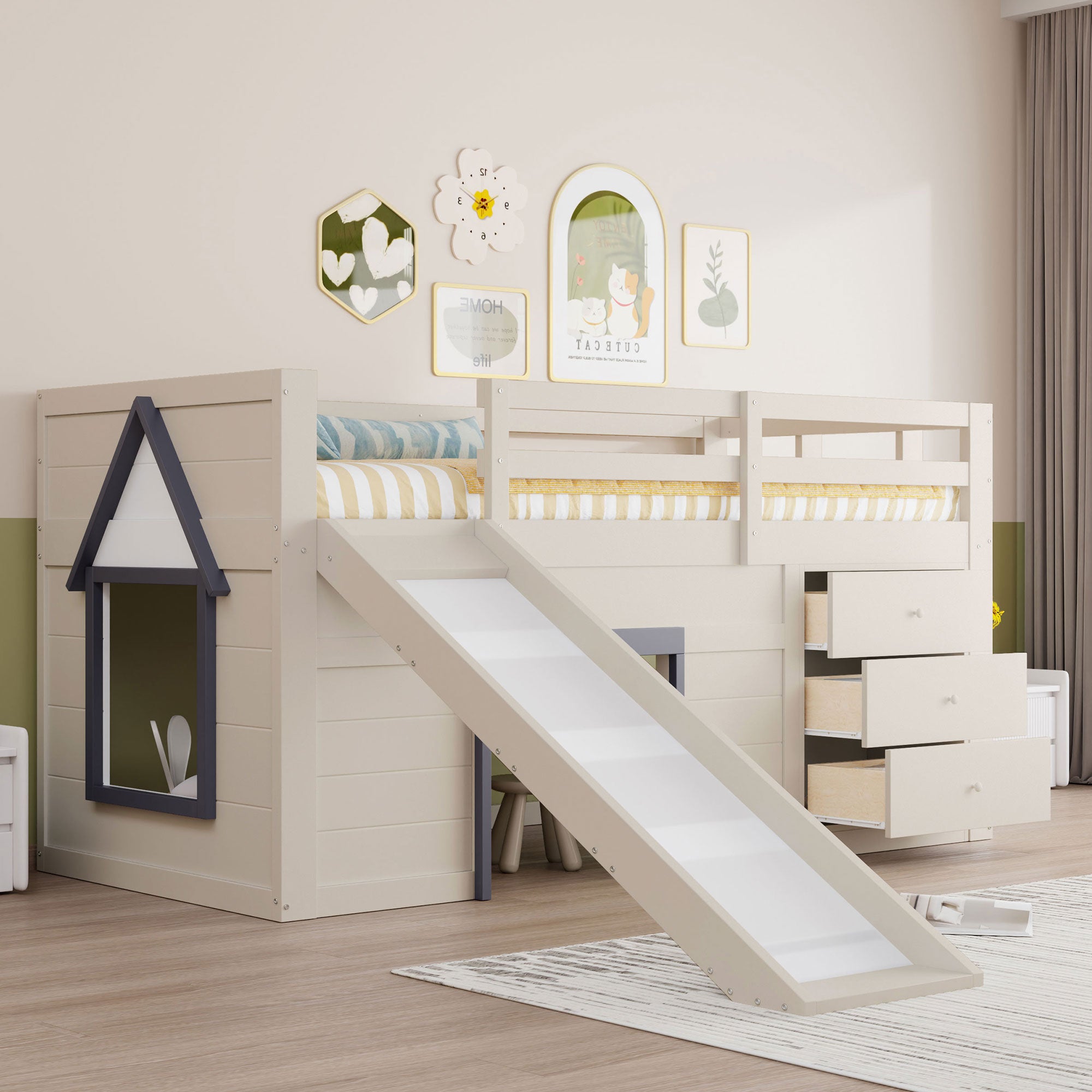 Loft Bed, 90 x 200 with Slide, 3 Drawers & 2 Doors, Cream