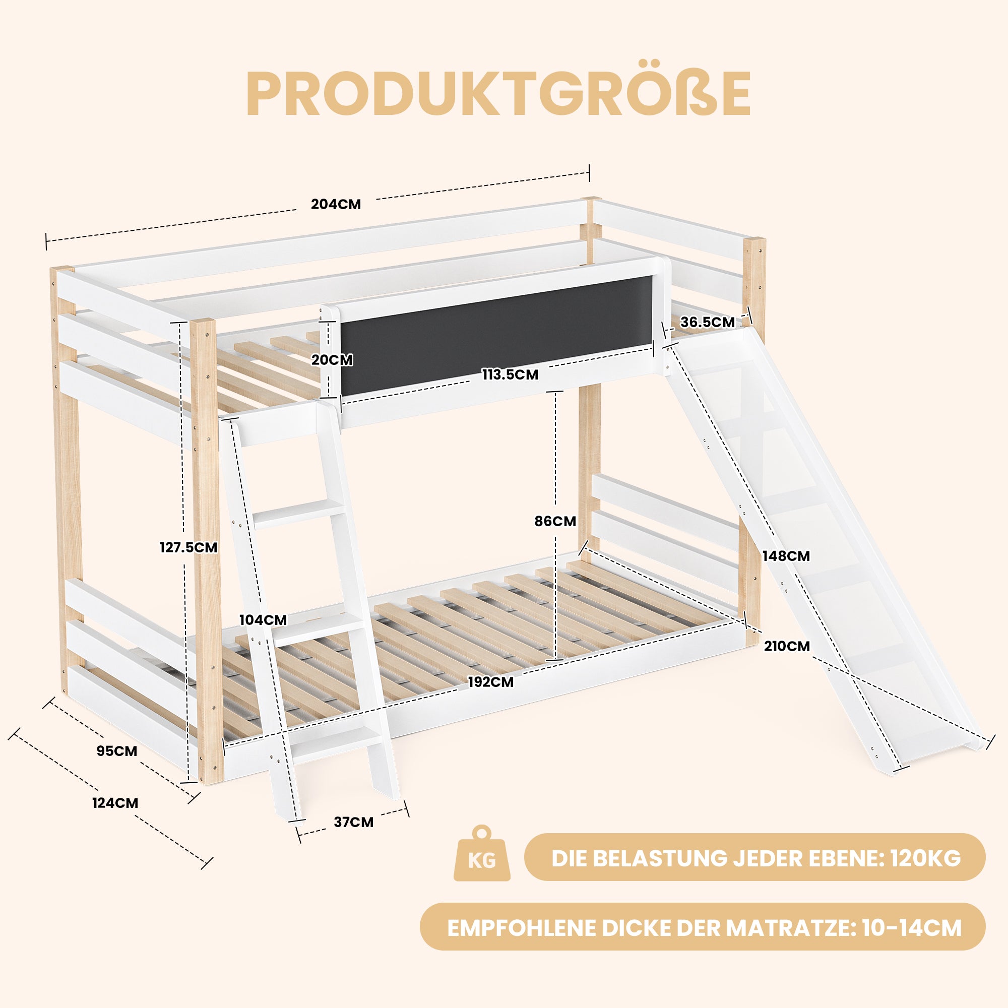 Bunk Bed for Children with Slide & Stairs, Safety Rail, Wood+PB Frame