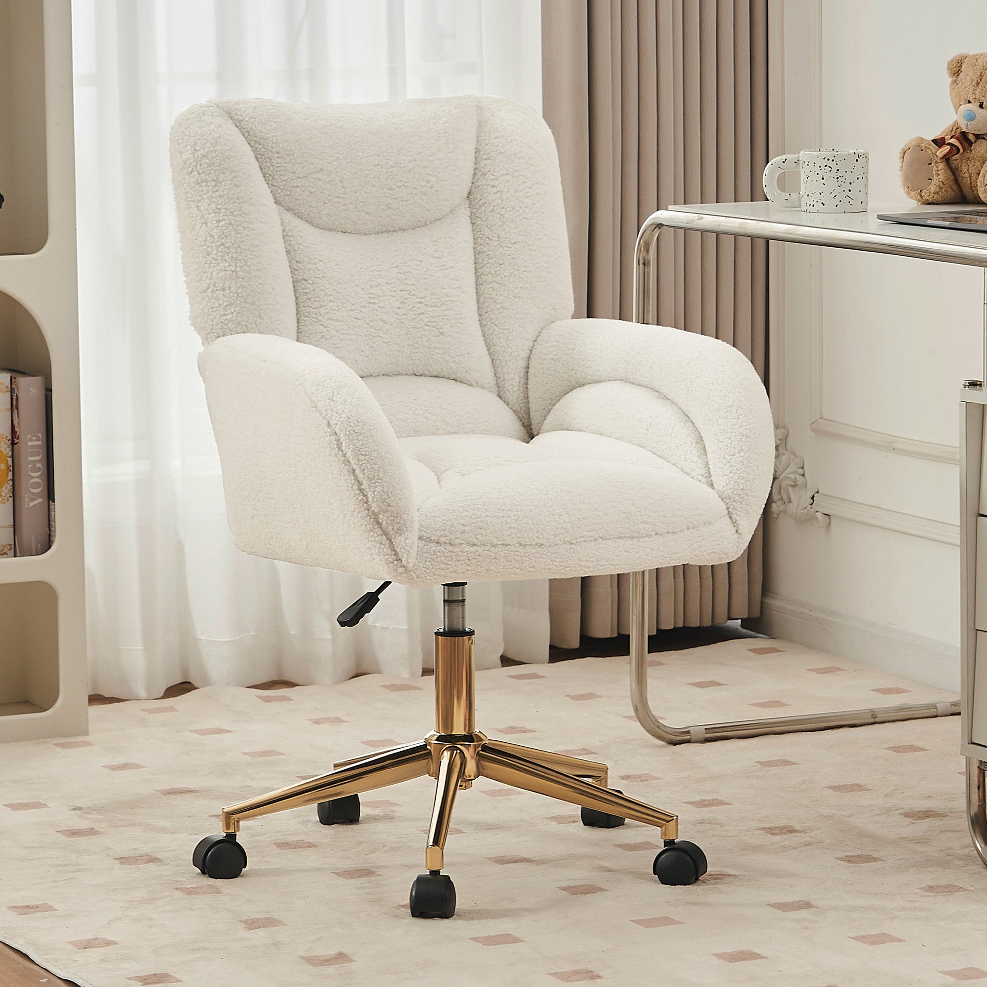 005 Full KD Swivel Chair, Height-Adjustable for Home Office, White Teddy Fabric