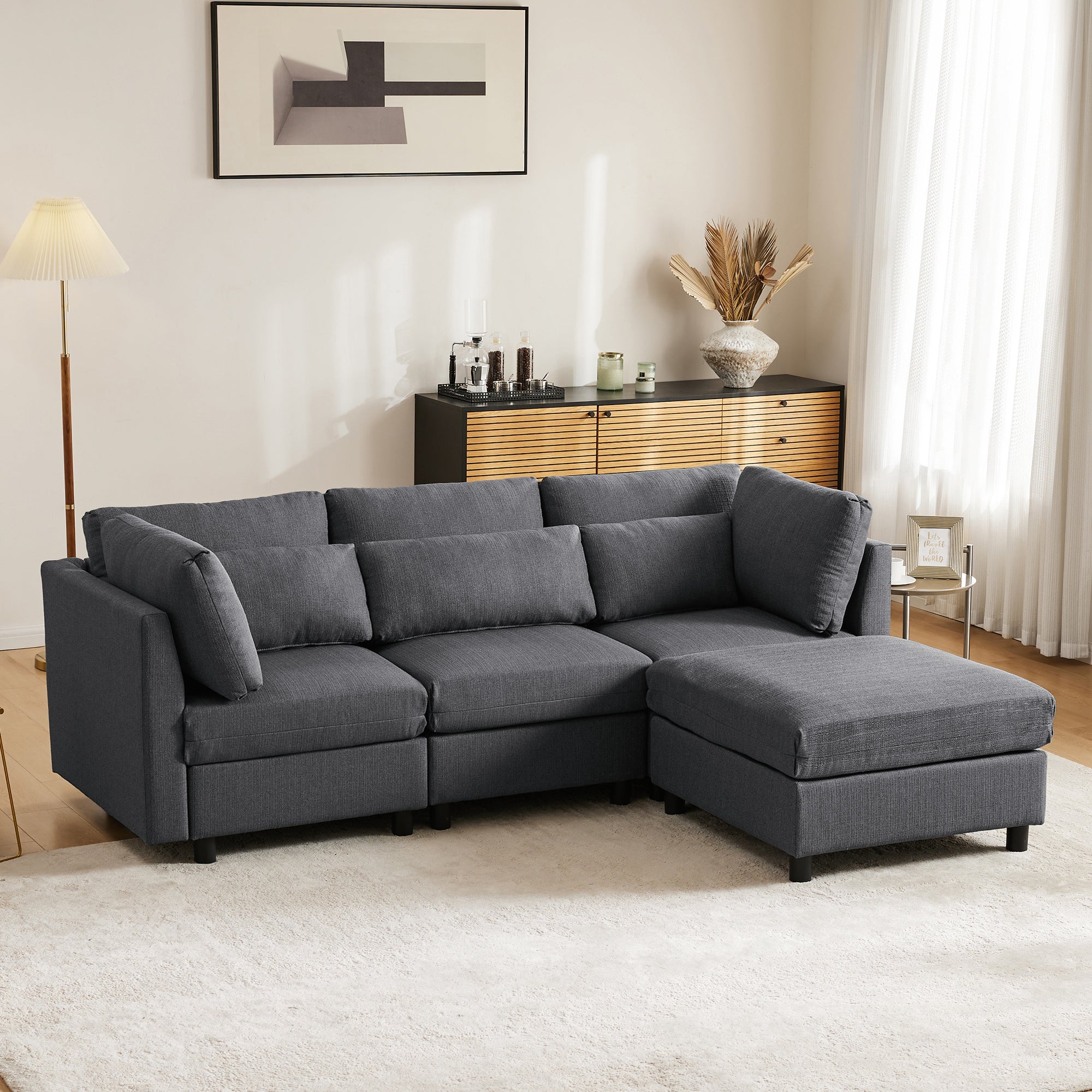 Sofa, Three-Seater L-Shaped Corner with Footstool, Upholstered