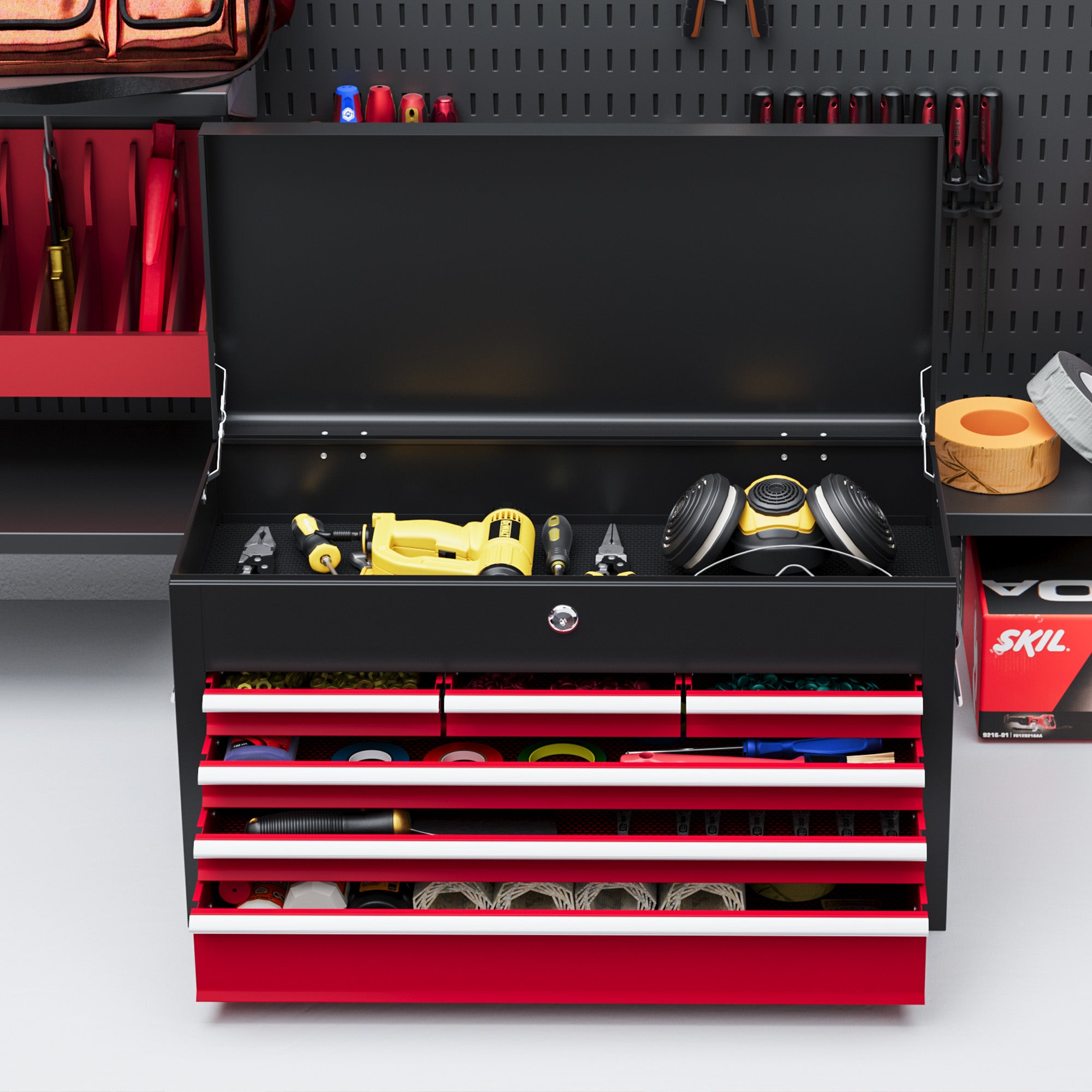 Tool box 6 drawers with lock and handle, steel red and black