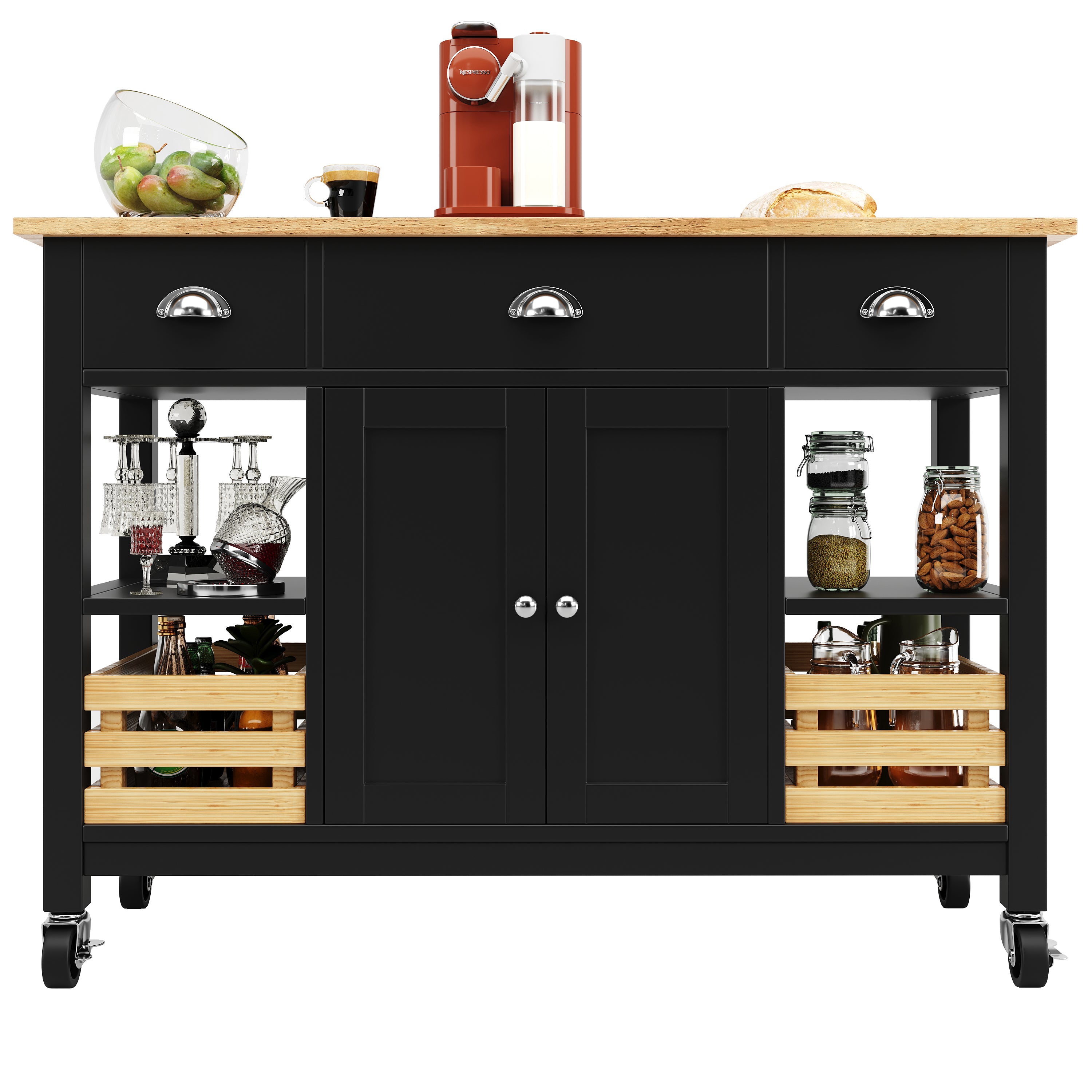 Kitchen Island 120x45x90cm Multifunctional Dining Cabinet Storage Basket - Black