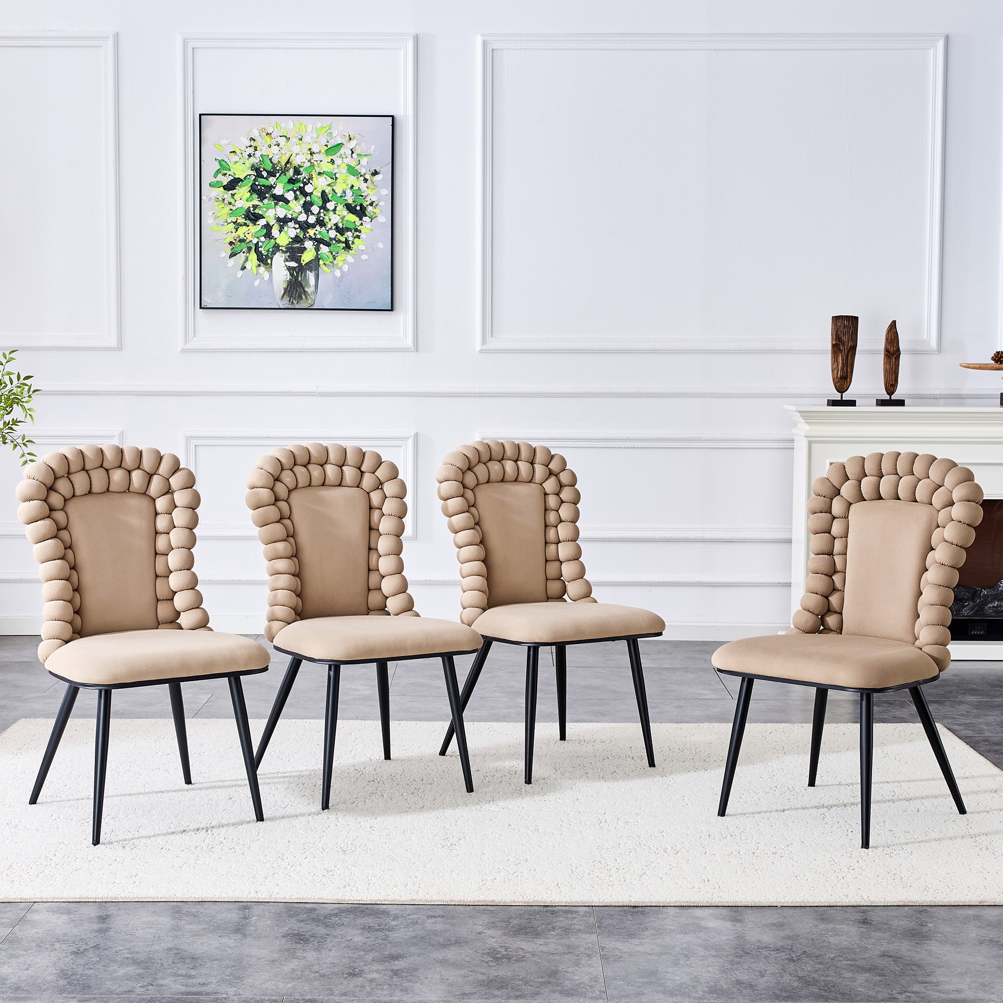 Dining Chairs (Set of 2), Ball Chain Backrest, Black Metal Legs, Camel Velvet