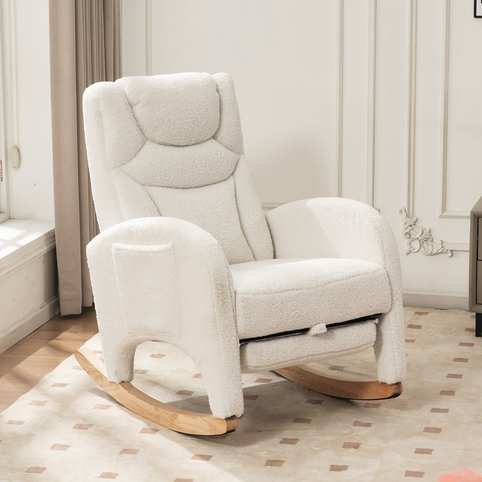 052 Rocking Chair, Upholstered with Armrest, 110 kg, White Teddy Fabric