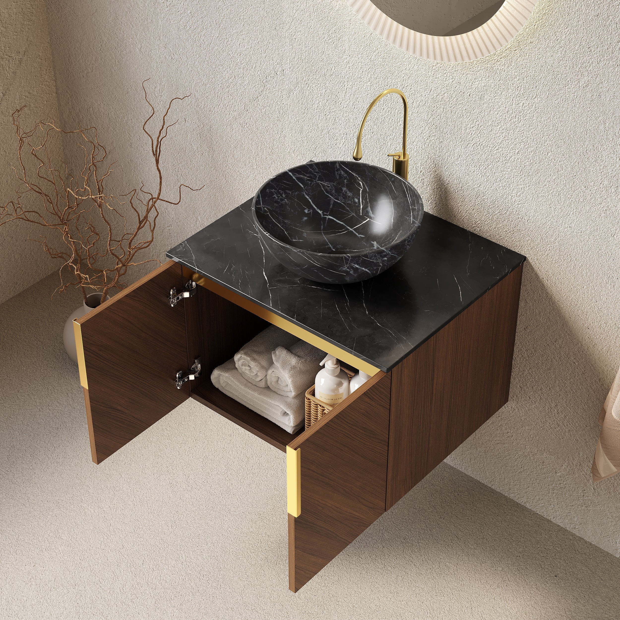 ARAI 61cm Wall Mount Bathroom Vanity with Black Bowl Ceramic Basin, Black Sintered Stone Countertop, Plywood Cabinet, Espresso Wood Grain