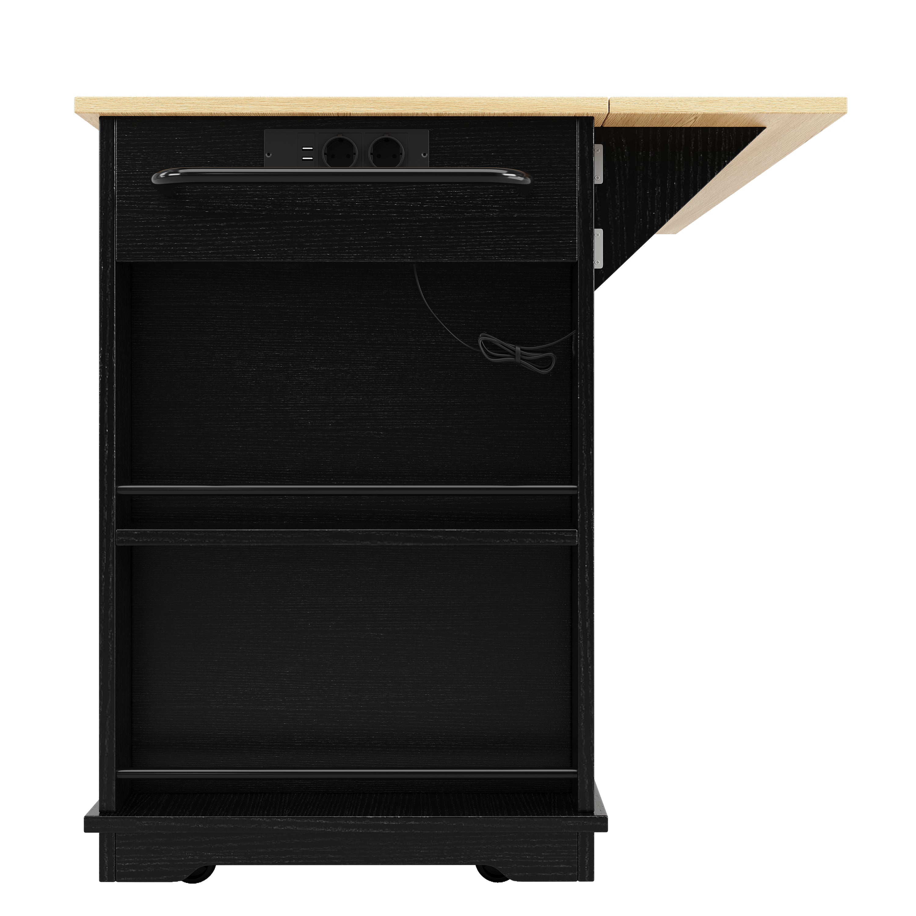 Kitchen Island Trolley Worktop Power Strip Wood Grain Storage - Black