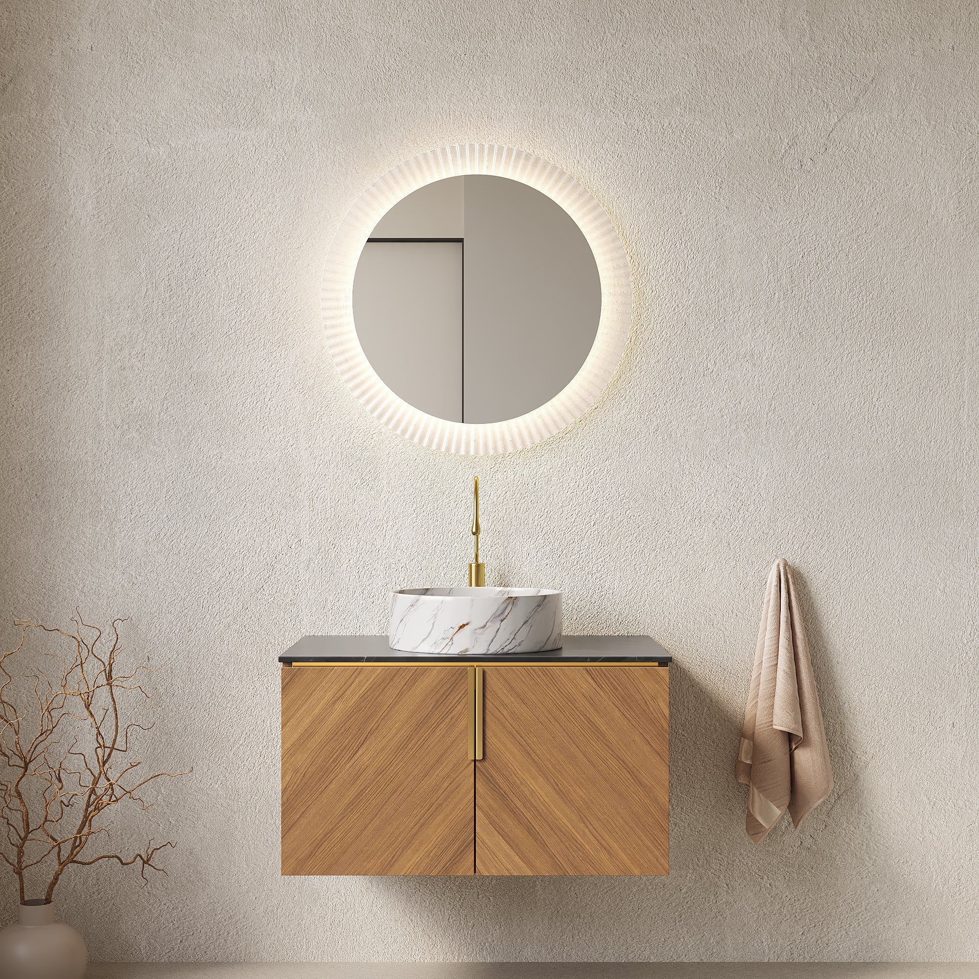 ARAI 76cm Wall-Mounted Bathroom Vanity Unit with White Ceramic Basin, Black Sintered Stone Countertop, Espresso Plywood