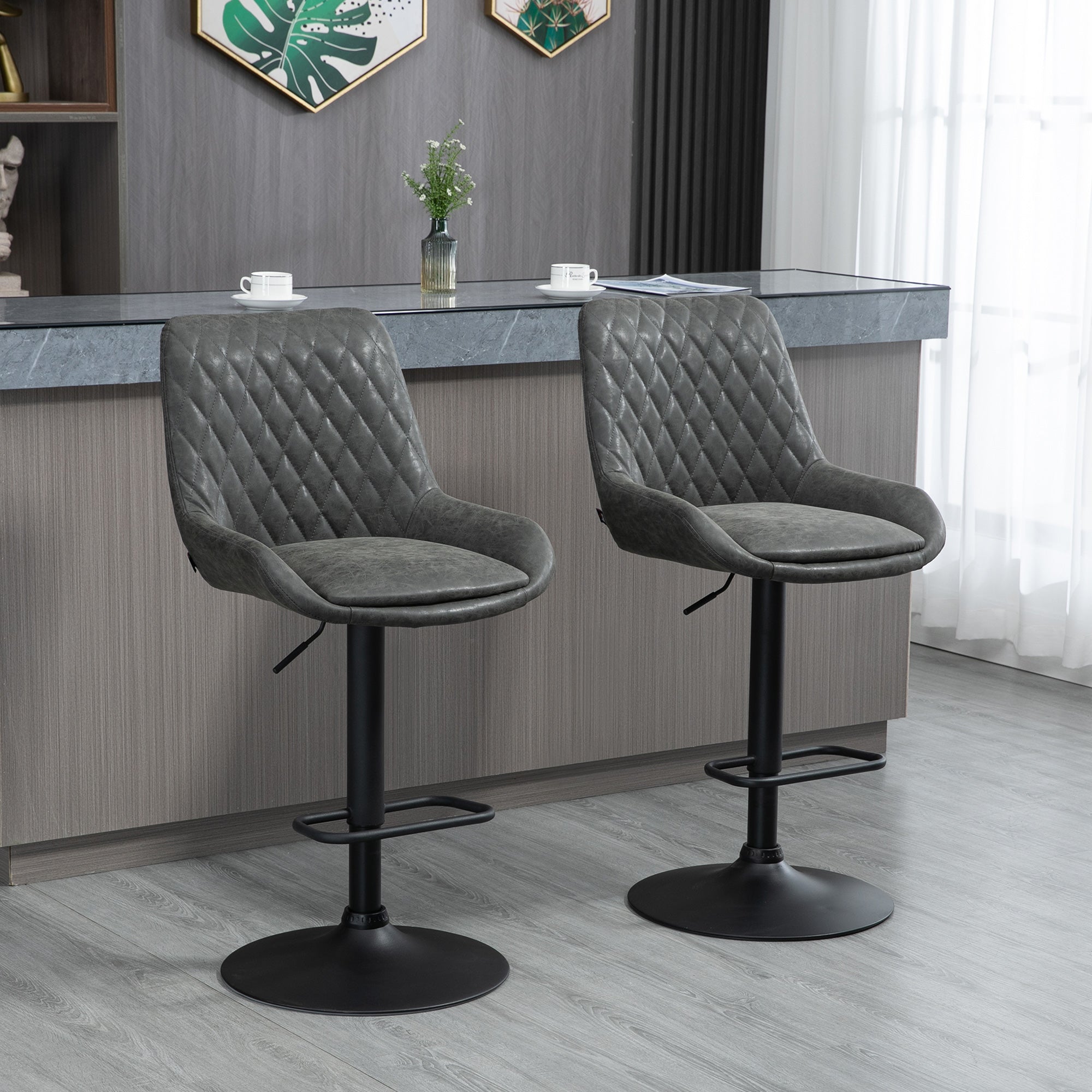 Retro Bar Stools, Set of 2, Adjustable Kitchen Stool, Upholstered with Back and Swivel Seat, Dark Grey