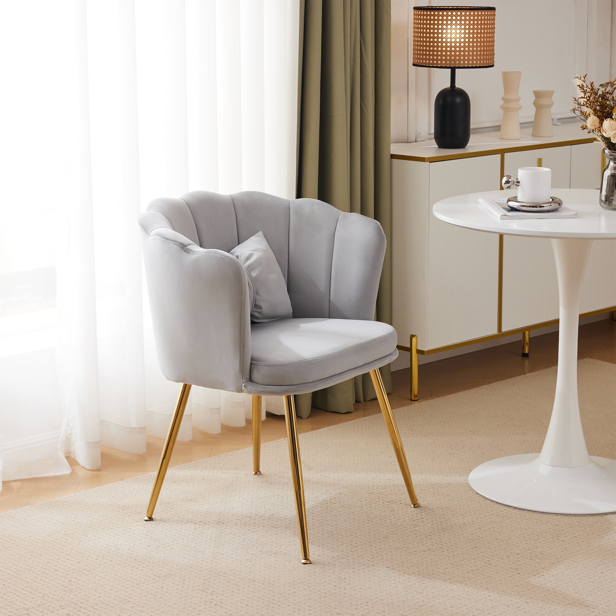 Modern Armchair, Velvet Upholstered Petal Back with Gold-Plated Metal Legs