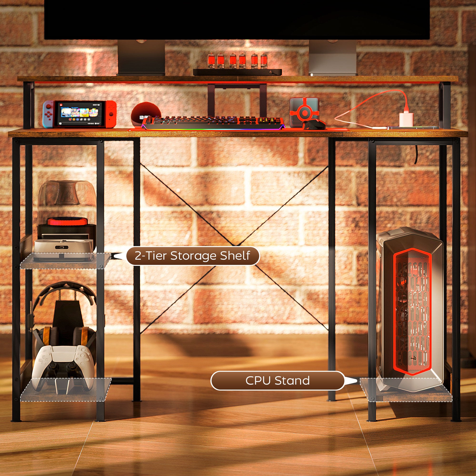 LED Computer Desk with Power Outlets and Shelves - Rustic Brown