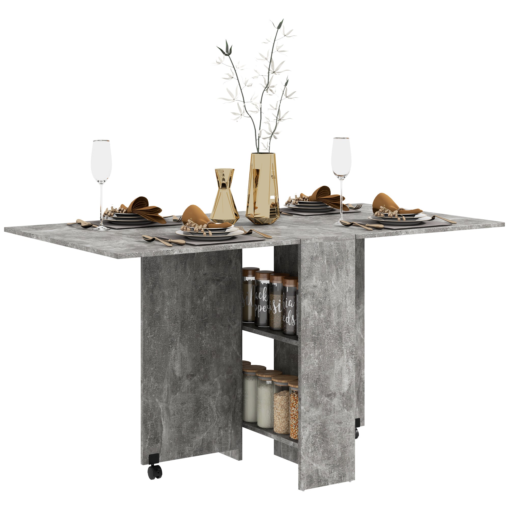 Folding Dining Table, Drop Leaf with 2-Tier Shelves & Casters, Cement Grey
