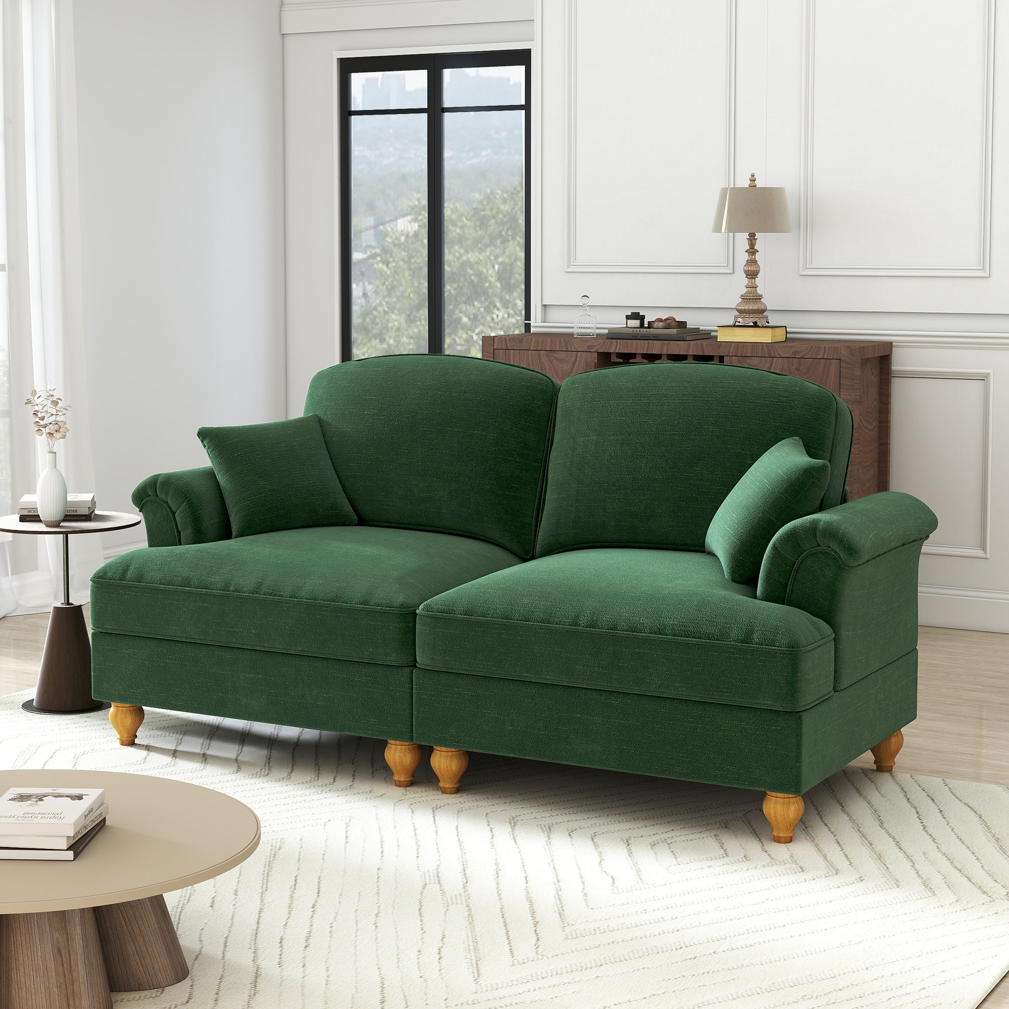 2-Seater Sofa, Flared Armrests, Removable Valance, Wooden Legs - Green Chenille Fabric