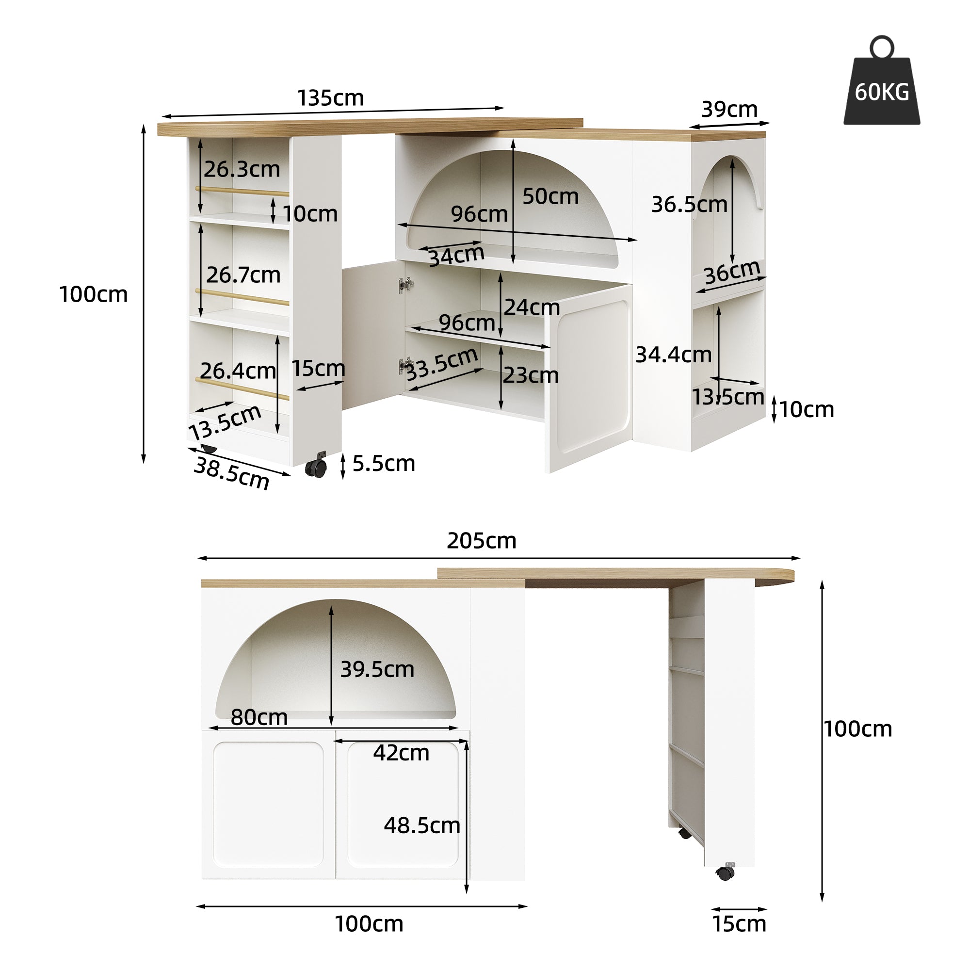Extendable Bar Table Storage LED Curved Door Design - White