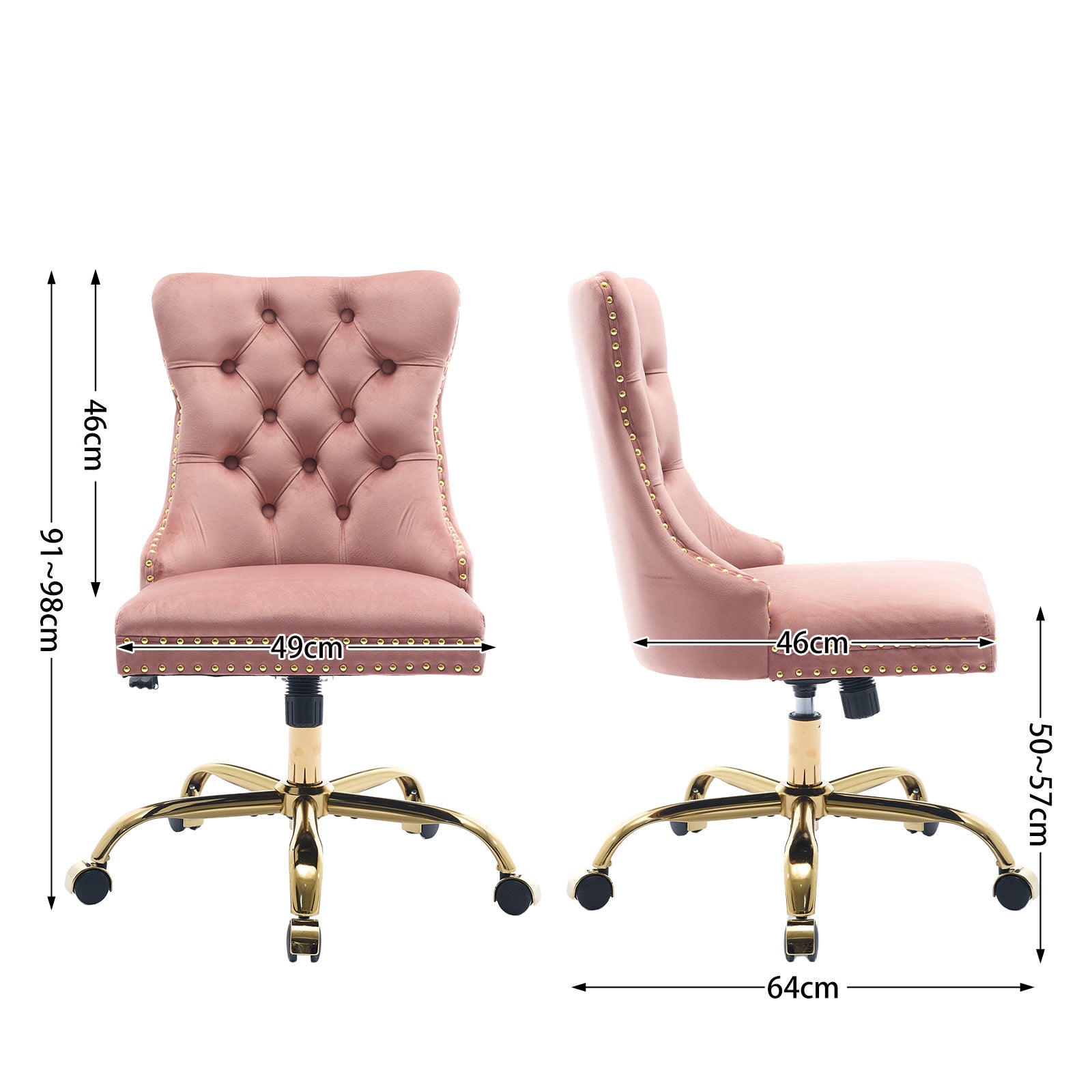 Home Office Chair Modern Velvet Upholstered Tufted Button Adjustable Swivel Golden Base - Pink
