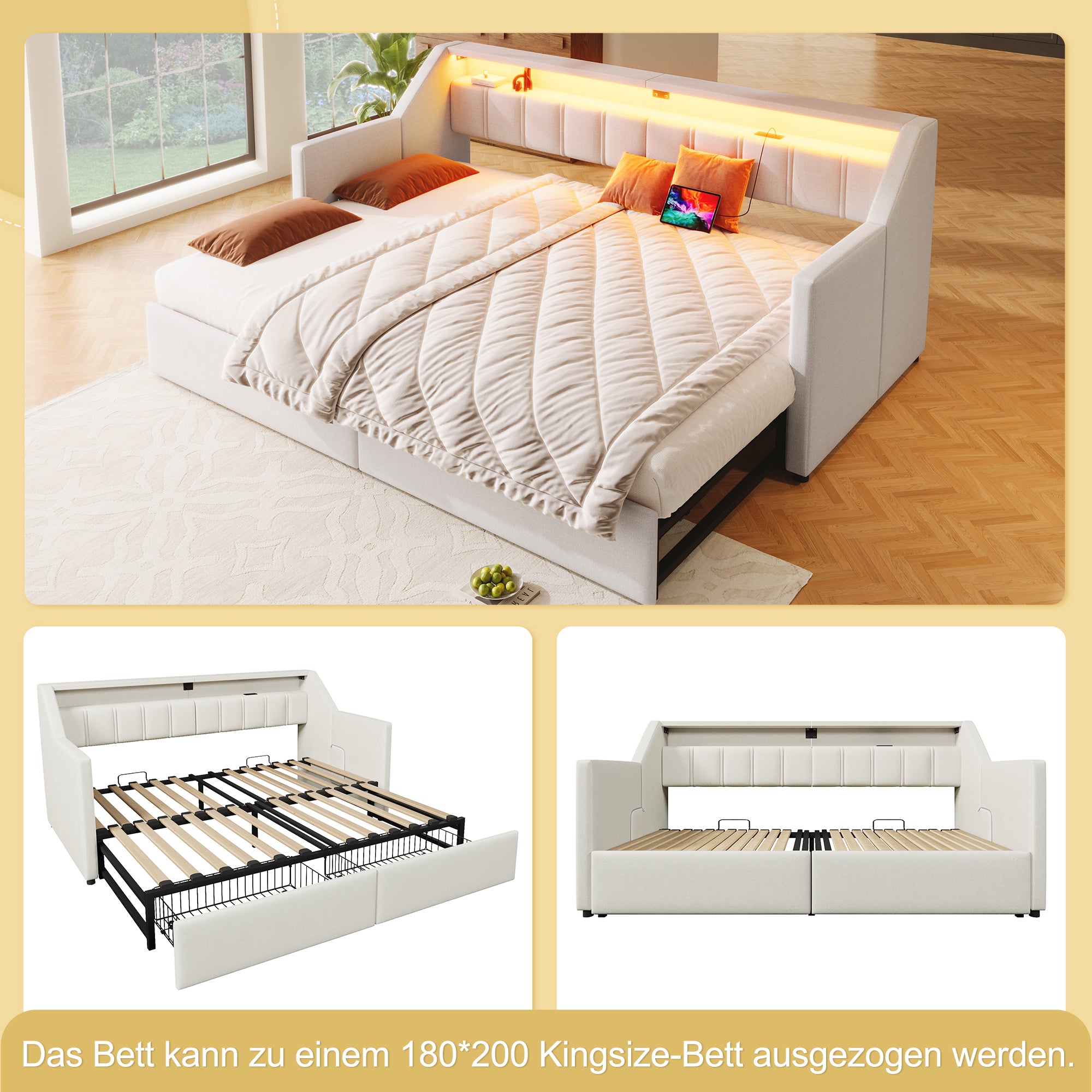 Daybed Sofa Bed 90x200cm Pull-out Bed LED USB/Type-C 2 Drawers Storage - Beige