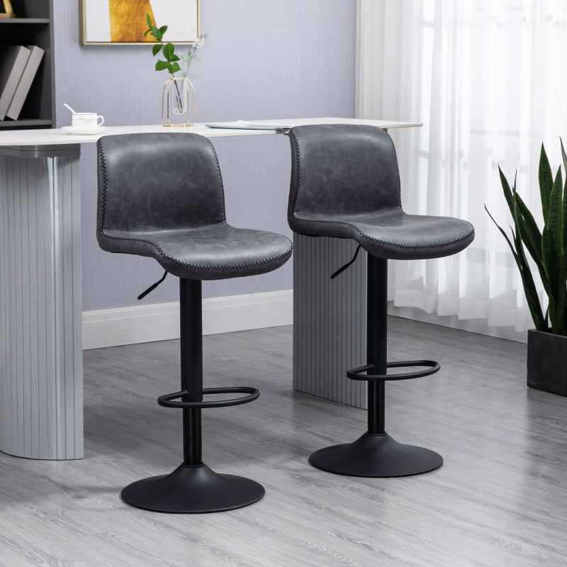 Bar Stool, Adjustable Height Swivel Seat with Footrest, Dark Grey PU Leather (Set of 2)