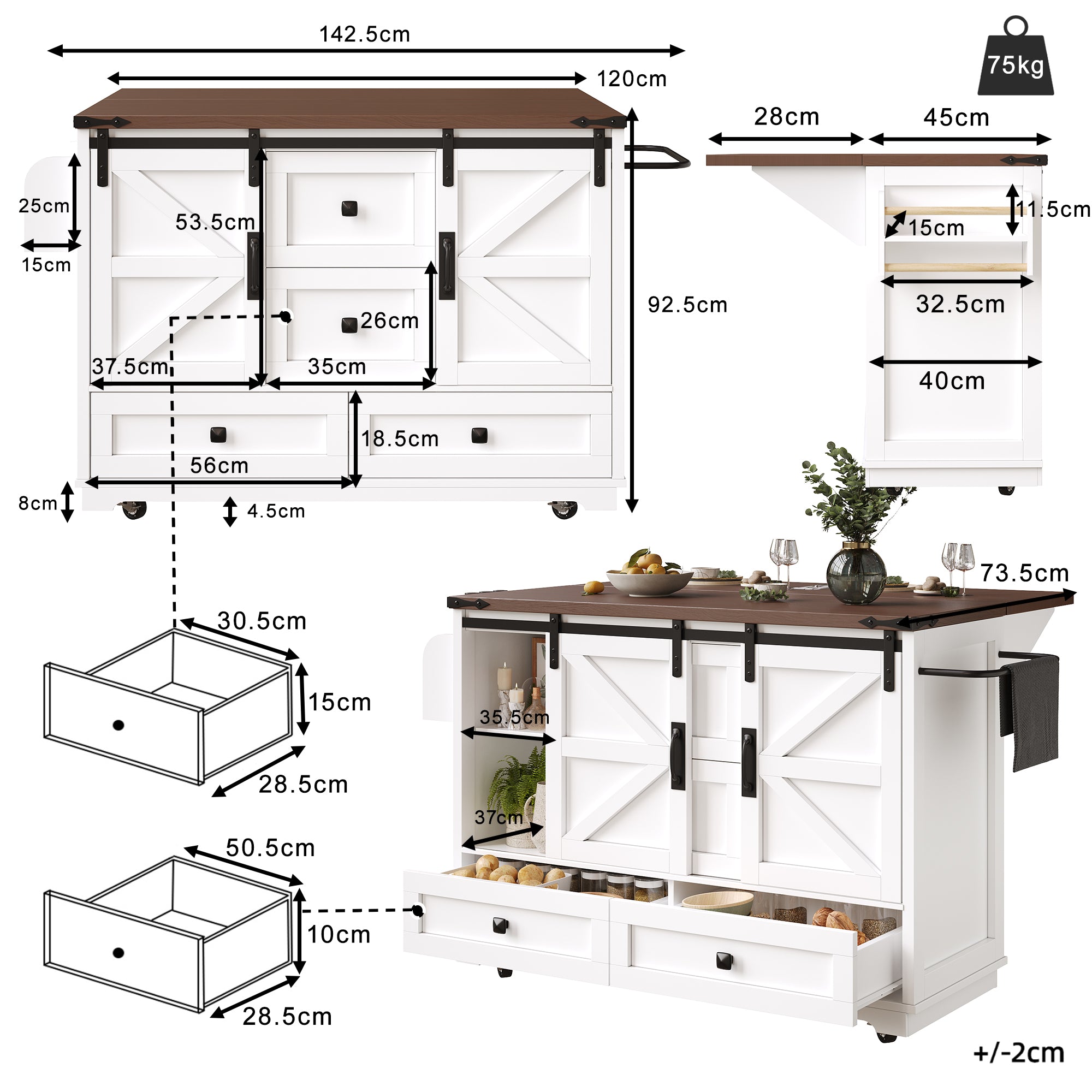 Kitchen Trolley Cart with Folding Table 3 Drawers & 2 Cabinet Doors