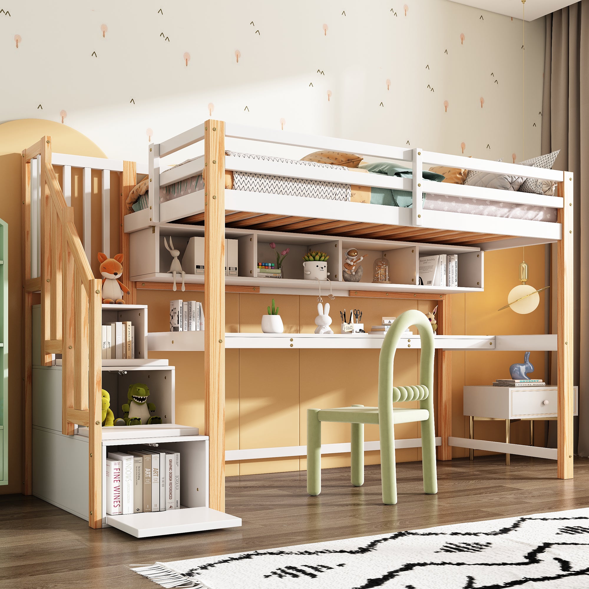 Wood House Bunk Bed, Children's Loft Bed with Storage Stairs, Desk, Shelves, Pine Wood, White + Natural