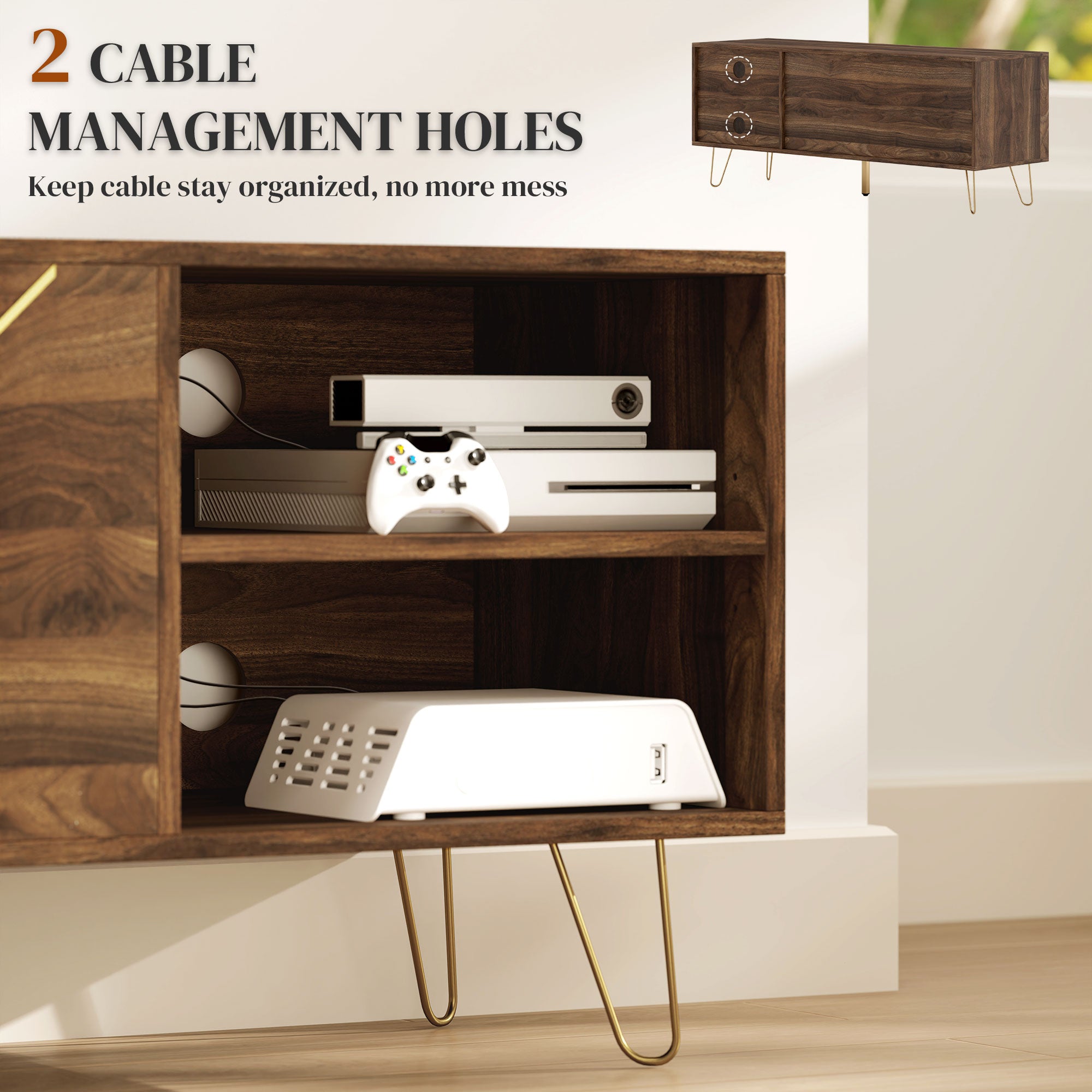 TV Stand Cabinet, Modern 130cm with Adjustable Shelves, Hairpin Legs, Double Door, Brown