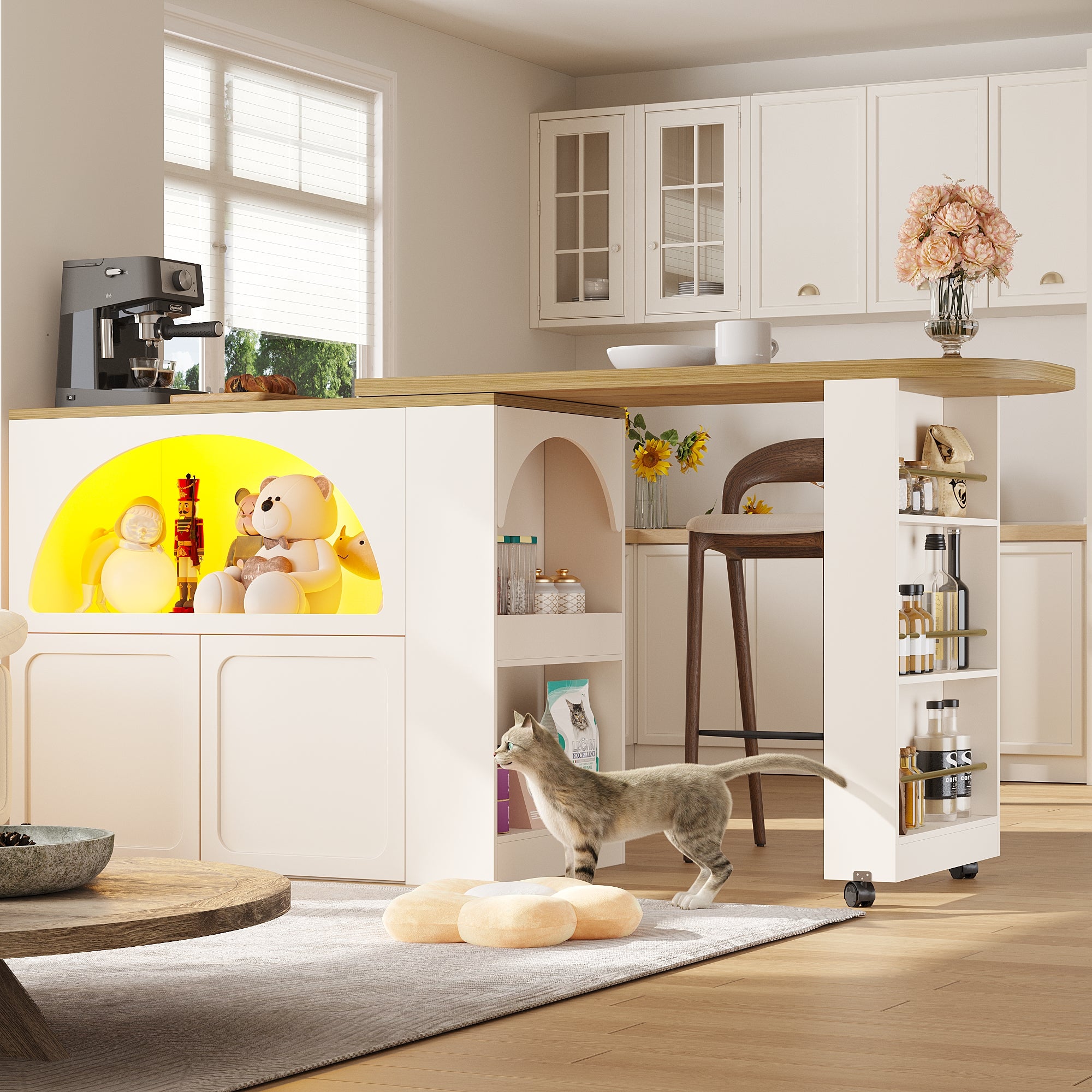 Extendable Bar Table Storage LED Curved Door Design - White