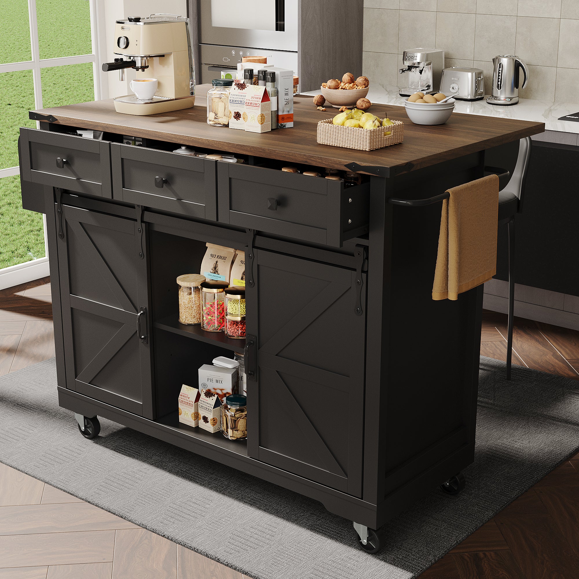 Mobile Kitchen Island Extendable Countertop 2 Sliding Doors 3 Drawers Wood Grain - Black