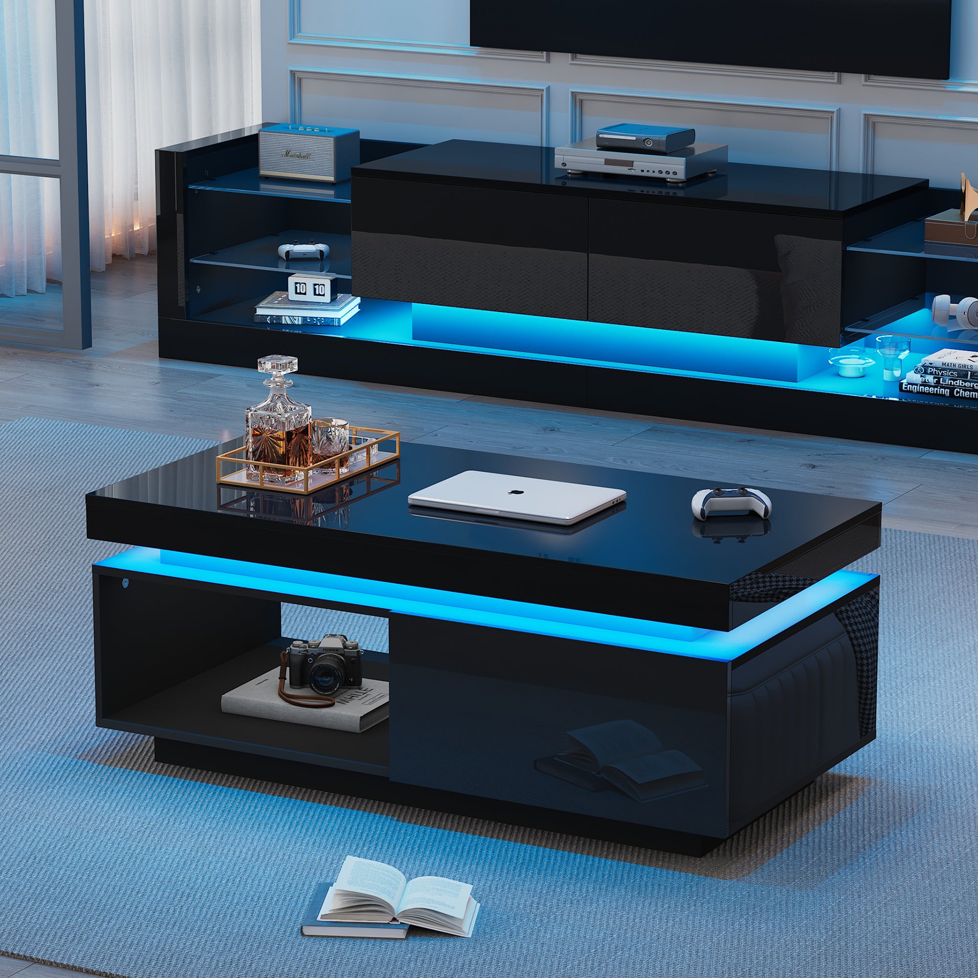 Coffee Table LED Lighting Drawer 100x50x40.3cm High-Gloss