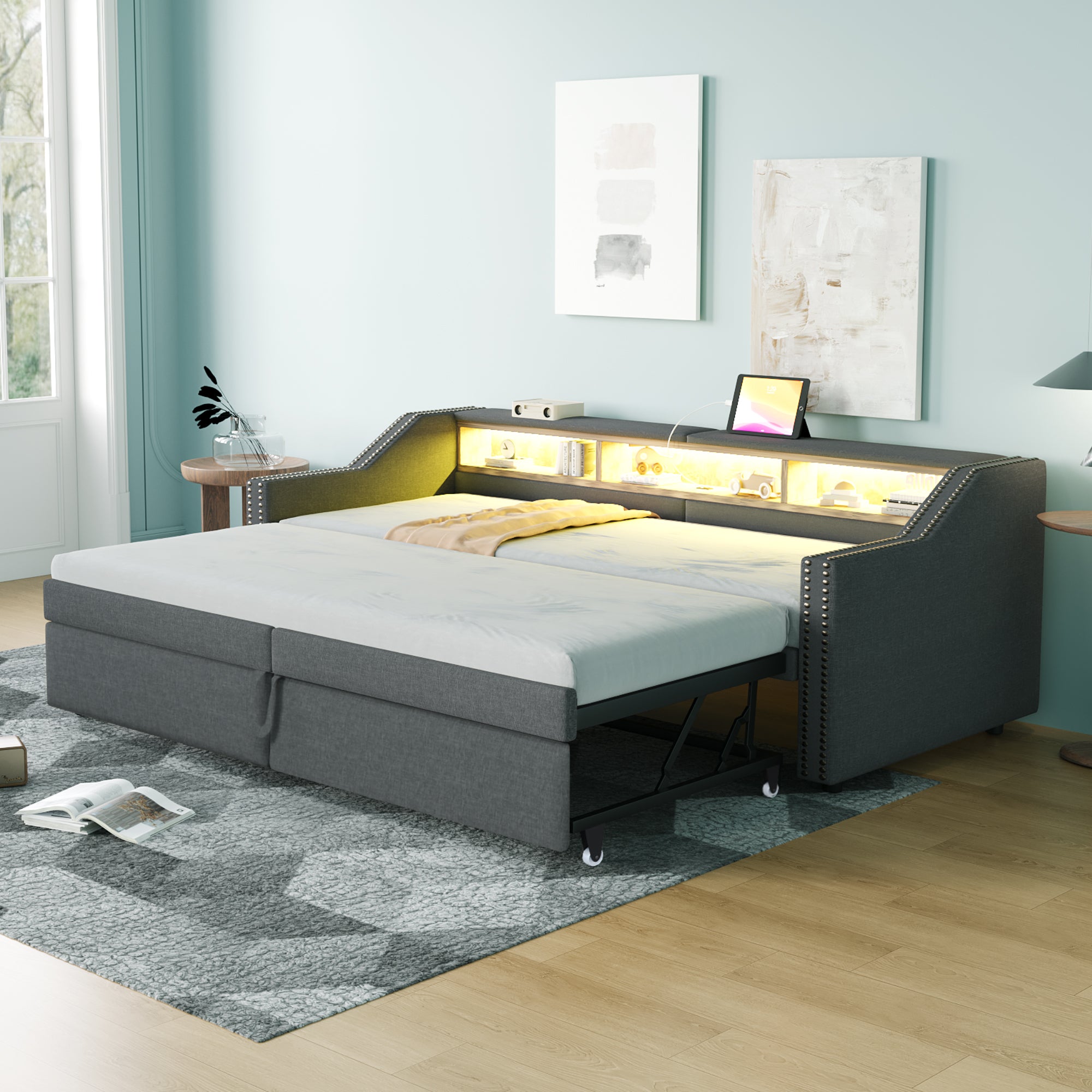 Upholstered Bed, Pull-Out Sofa Bed with Storage, LED Light, USB Port, Slatted Frame, Dark Grey