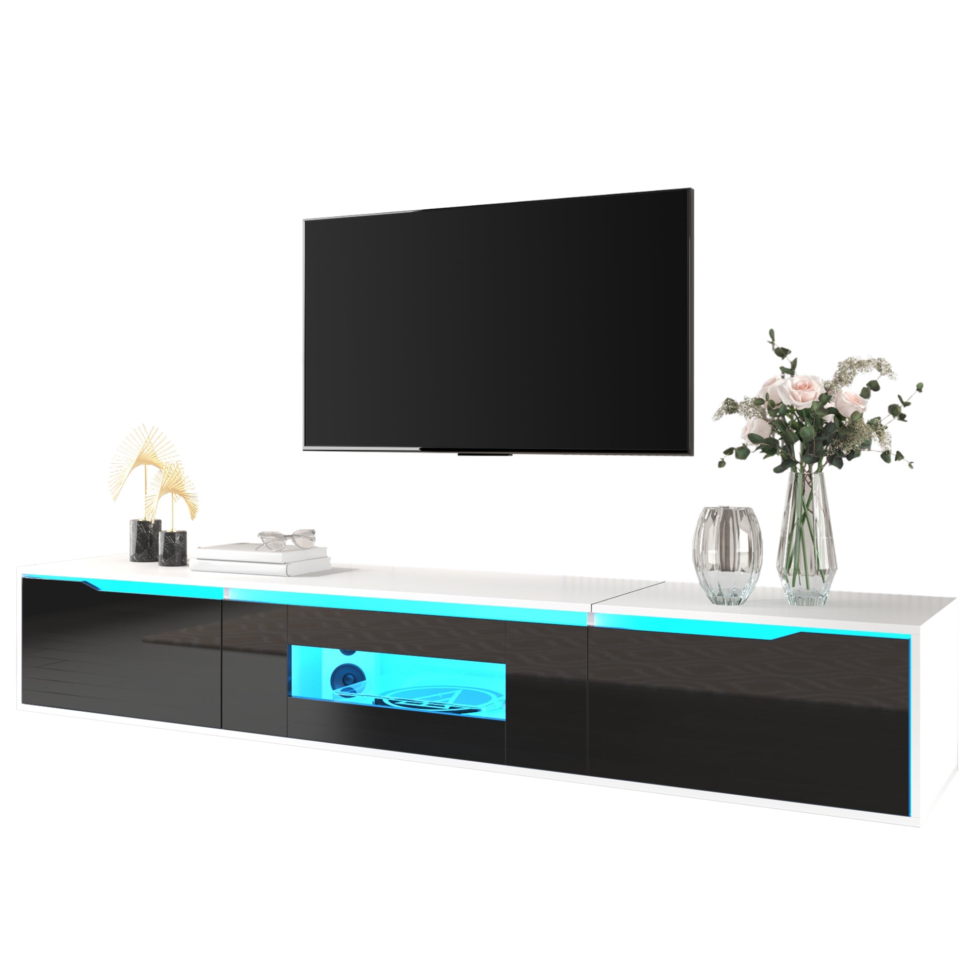 TV Cabinet, high-gloss with LED lighting, black and white