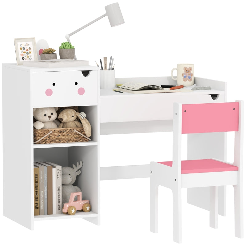 Rabbit-Themed Kids Desk and Chair Set with Bookcase, Drawers, and Shelves, White/Pink