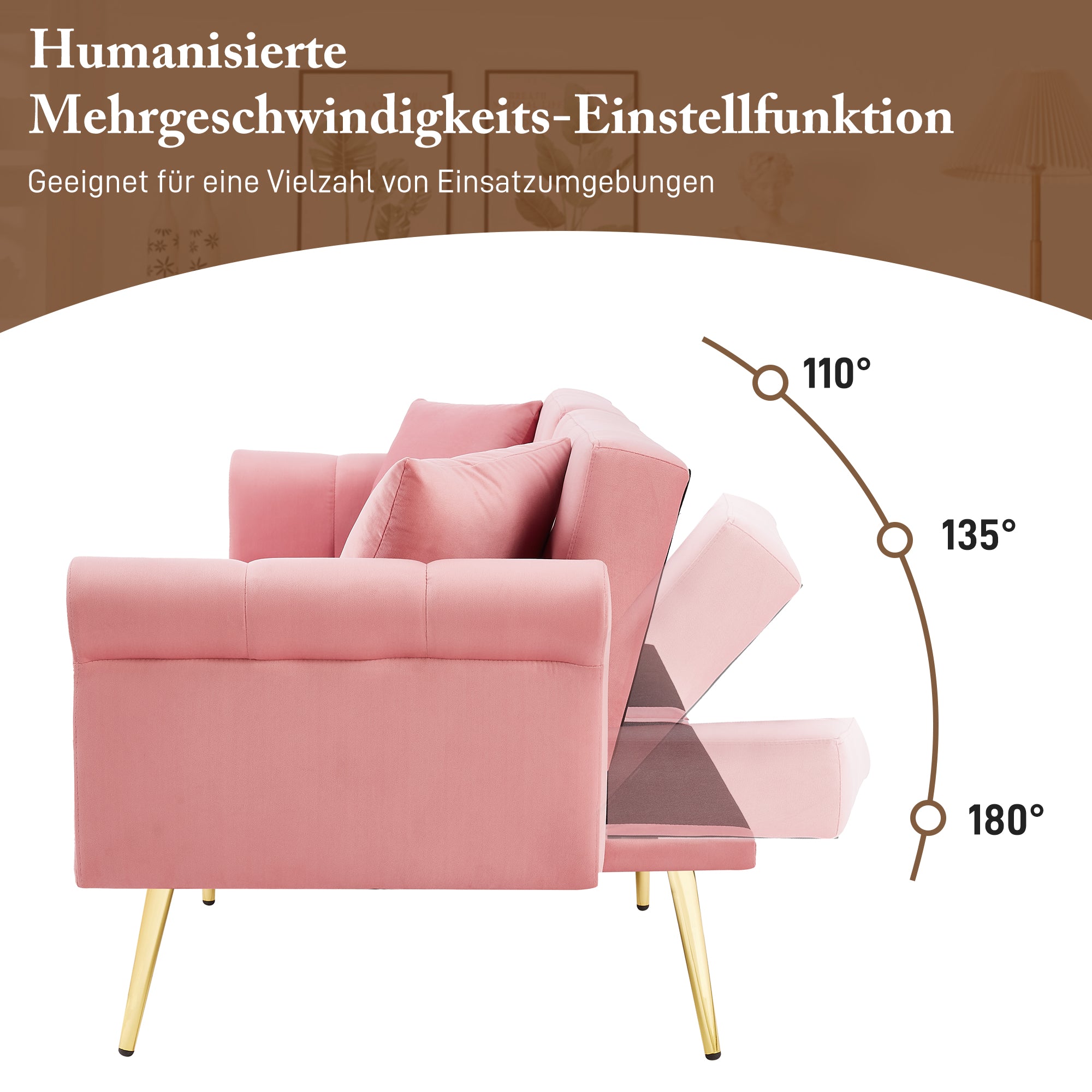 Sofa Bed, 2-Seater with 3-Level Adjustable Backrest & Gold-Plated Metal Feet, Velvet