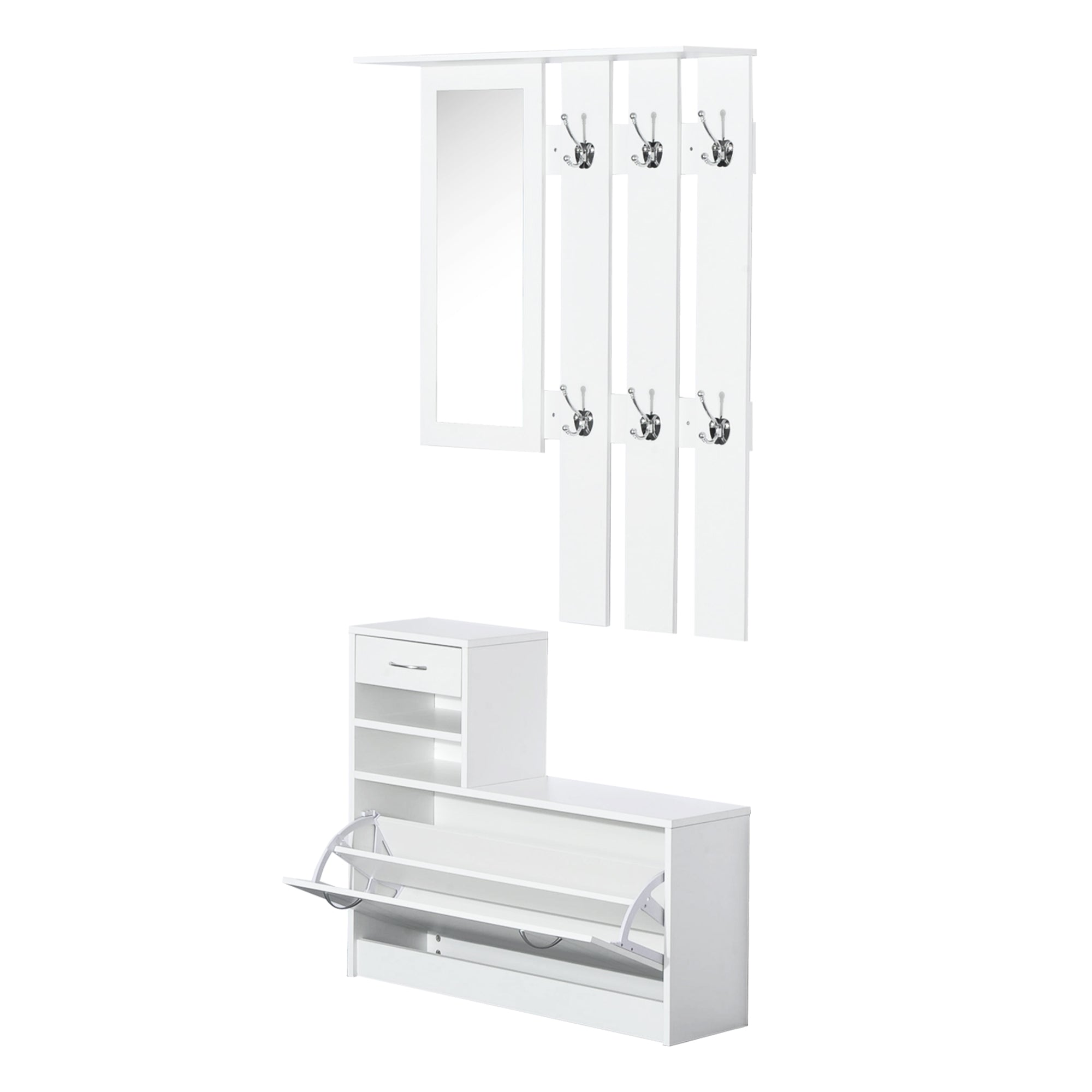 Shoes Storage Chest and Cloths Rack Unit with Mirror and Multiple Shelves, White
