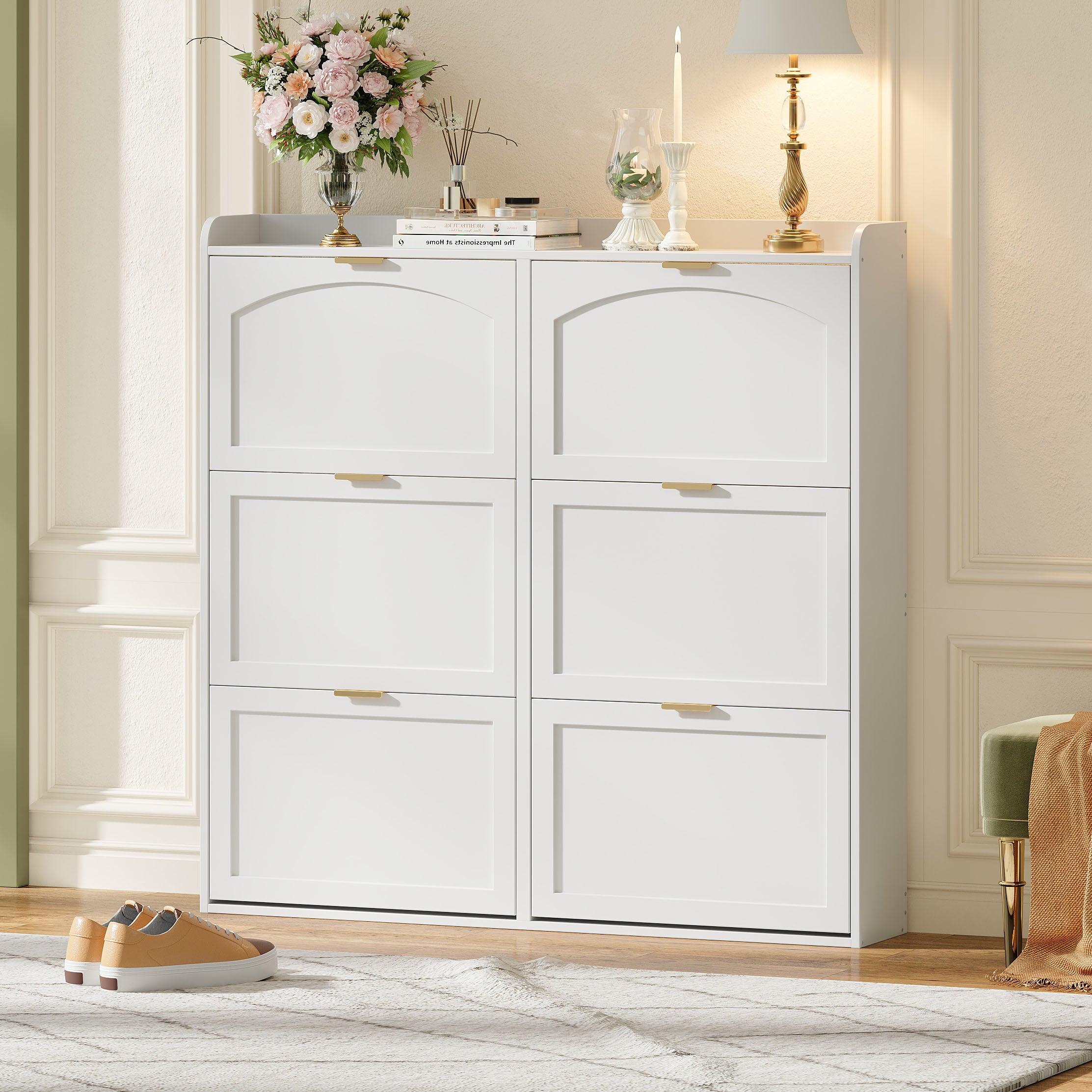 Space-Saving Tall Shoe Cabinet 6 Drop-Down Compartments Freestanding White