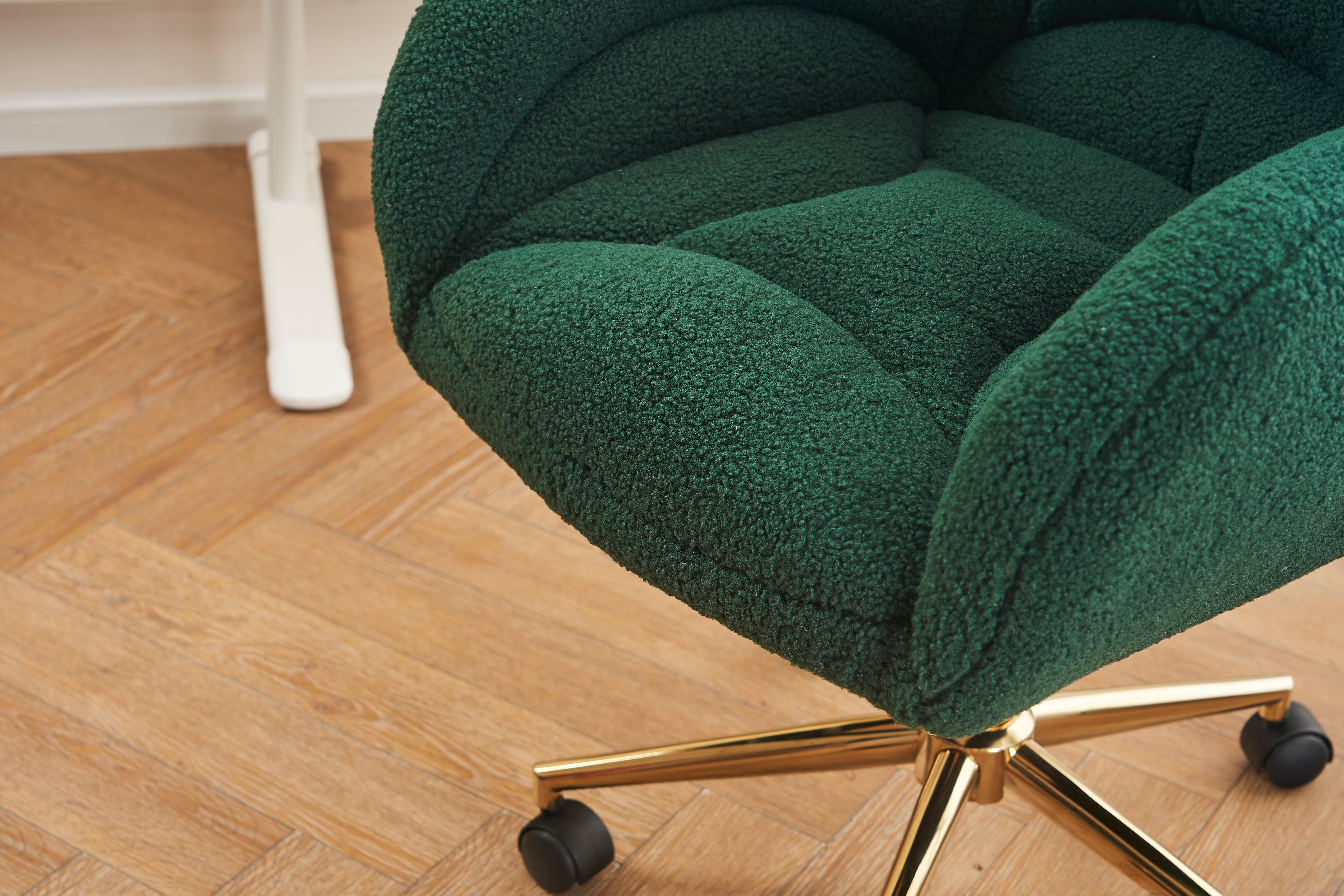 Swivel Chair Adjustable Height Gold Legs Teddy Fabric - Green