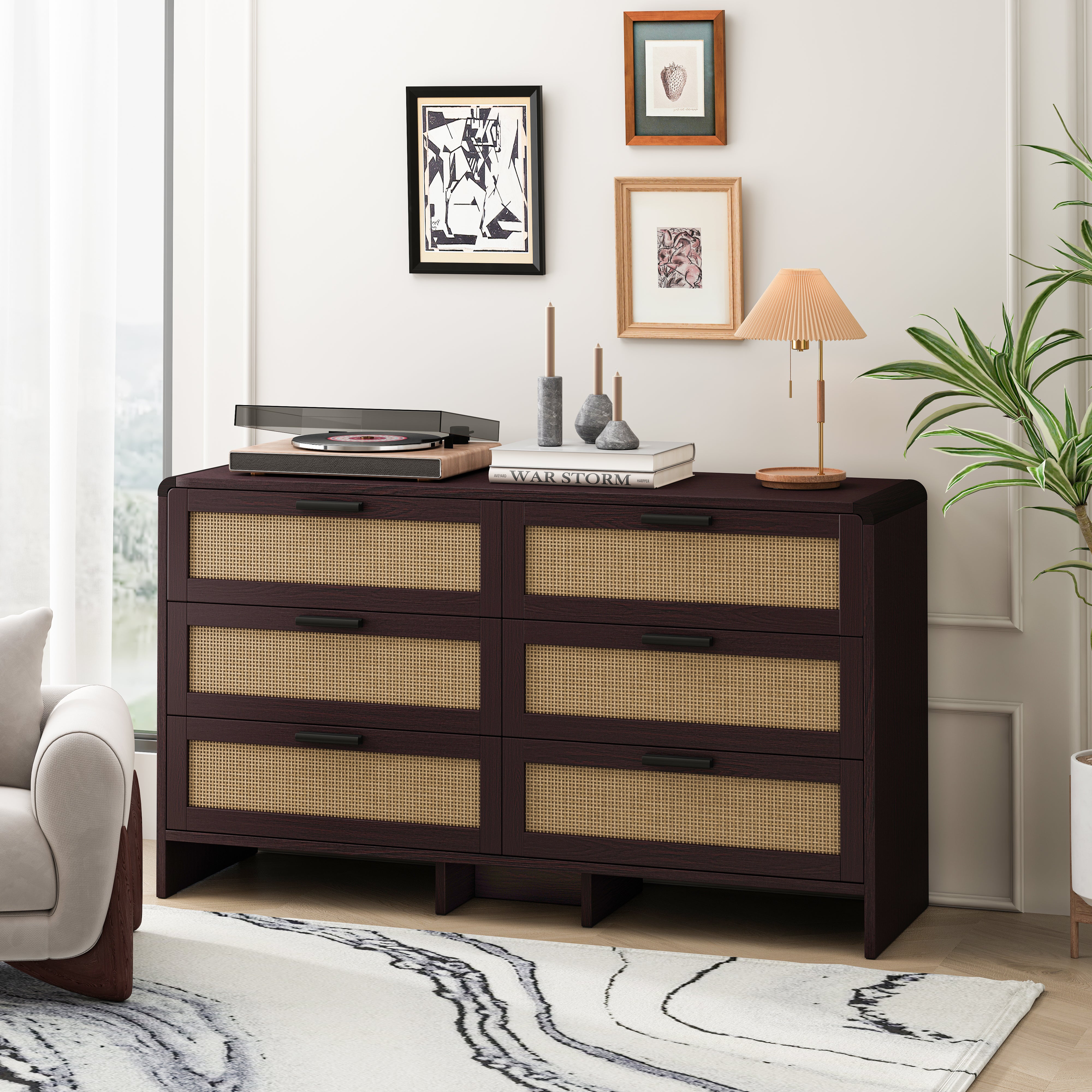 Rattan Cabinet, 130CM Arc Shaped Corner 6-Drawer Storage, Reddish-brown