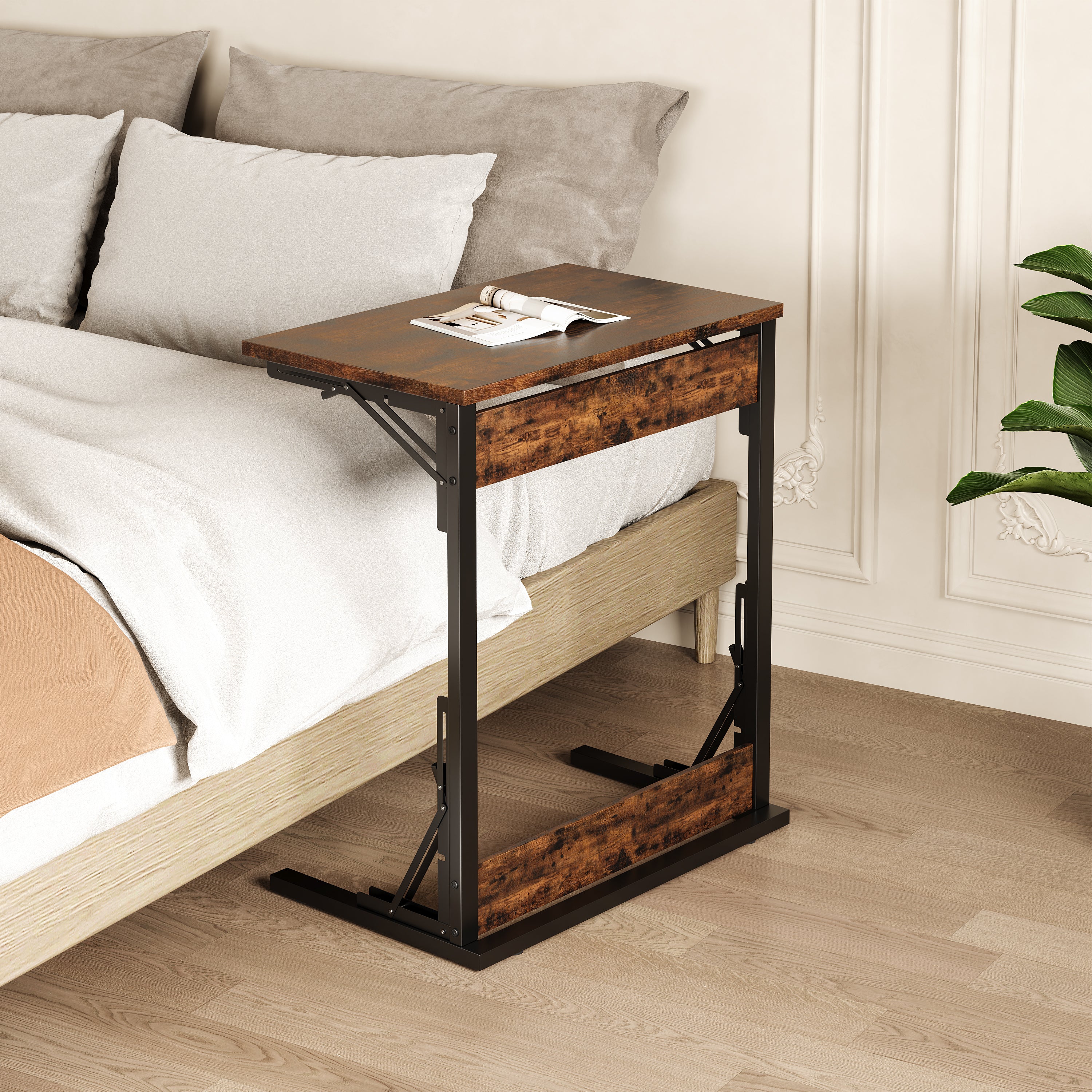 C-shaped Side Table Foldable Metal Frame Adjustable Feet TV Tray - Brown