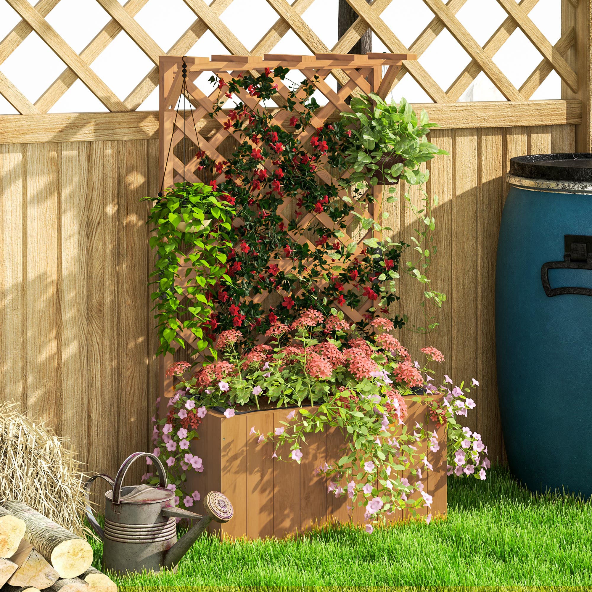 Wooden Planter with Trellis, Freestanding Raised Garden Bed & Drainage, Natural