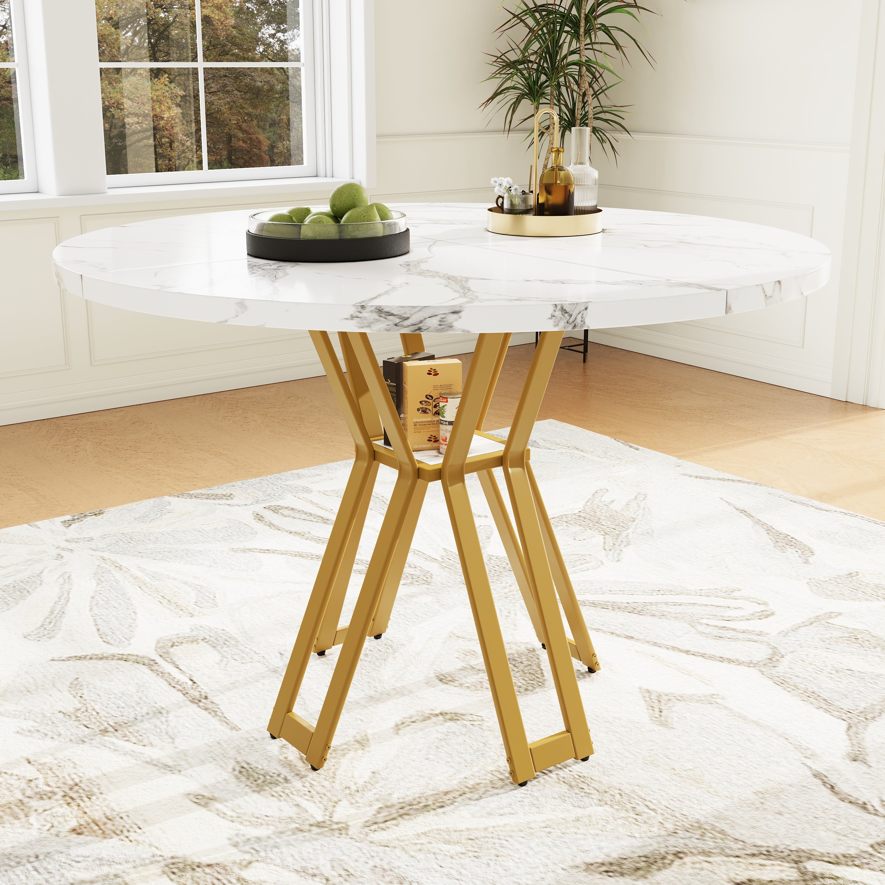 Round Dining Table 100cm 4-6 Seater Luxurious Gold Legs Marbled MDF