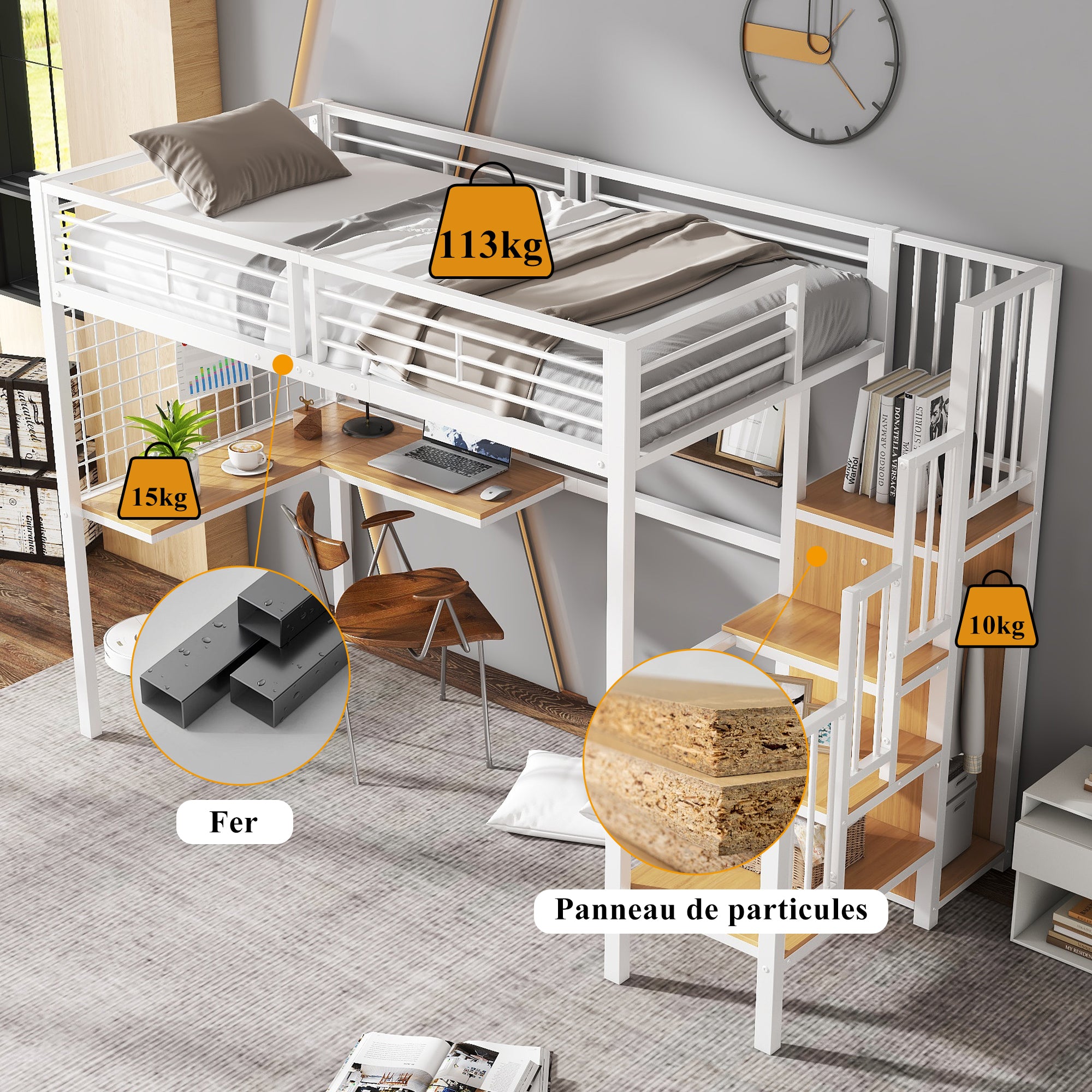 Iron Bed, Bunk/Loft with Table & Wardrobe, White + Natural