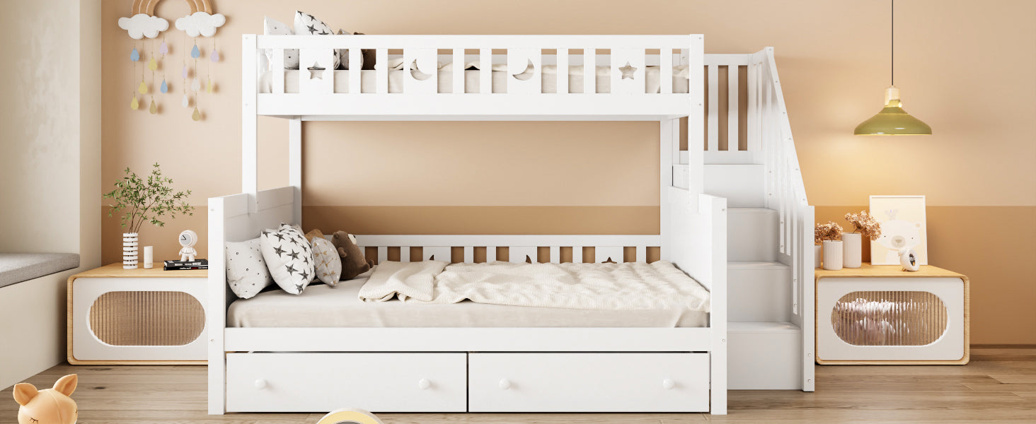 Children's Bunk Bed 90*200/140*200cm Safety Stairs Drawers Slatted Base, Solid Wood White