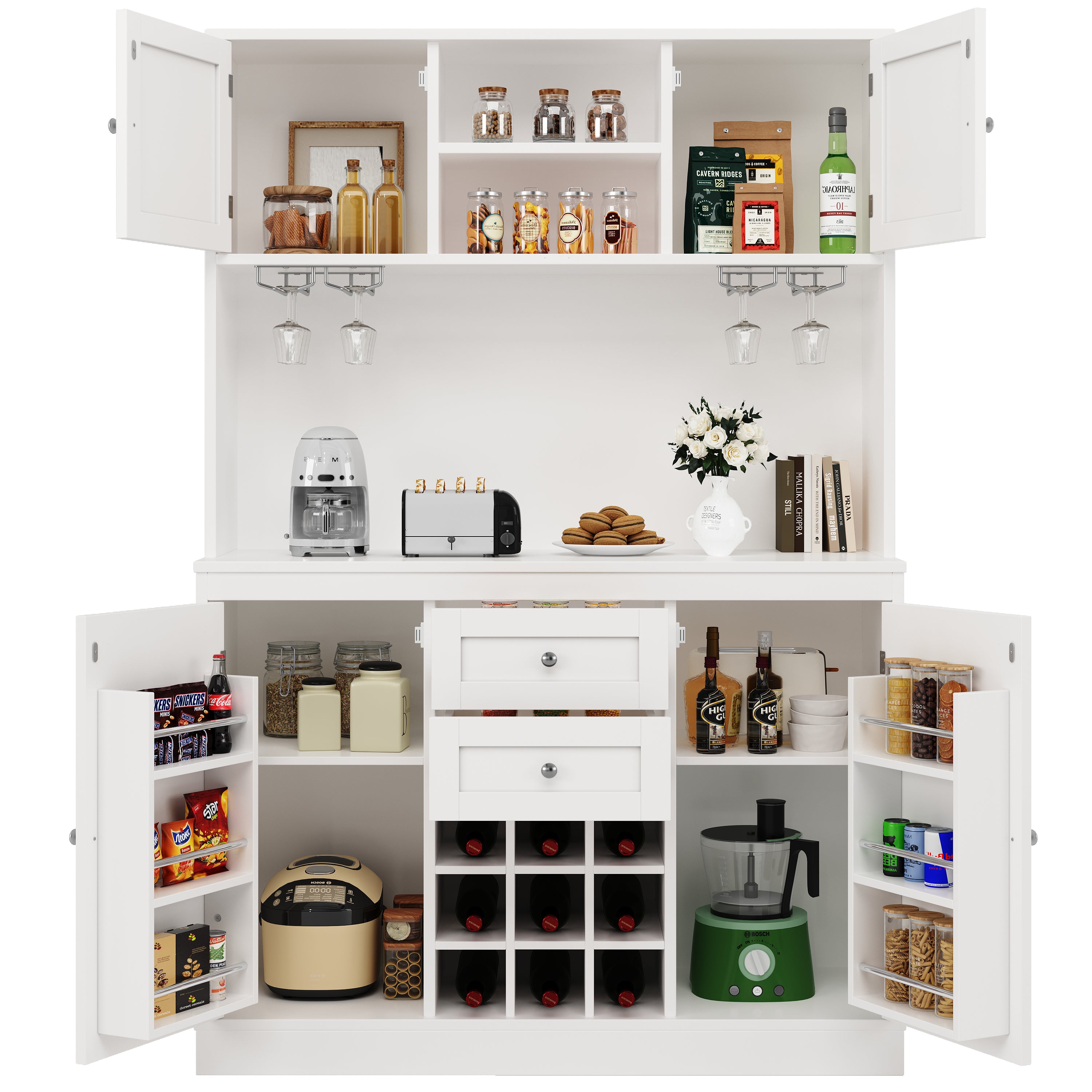Tall Kitchen Cabinet Buffet with Adjustable Shelves Wine Rack 4 Doors 2 Drawers - White