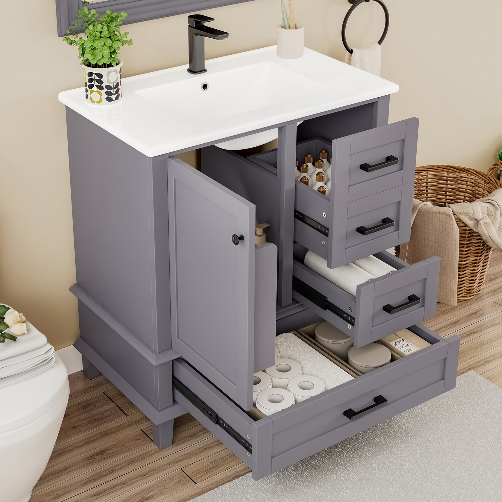 Bathroom Vanity Unit with Ceramic Sink and Silent Storage Drawers, Grey