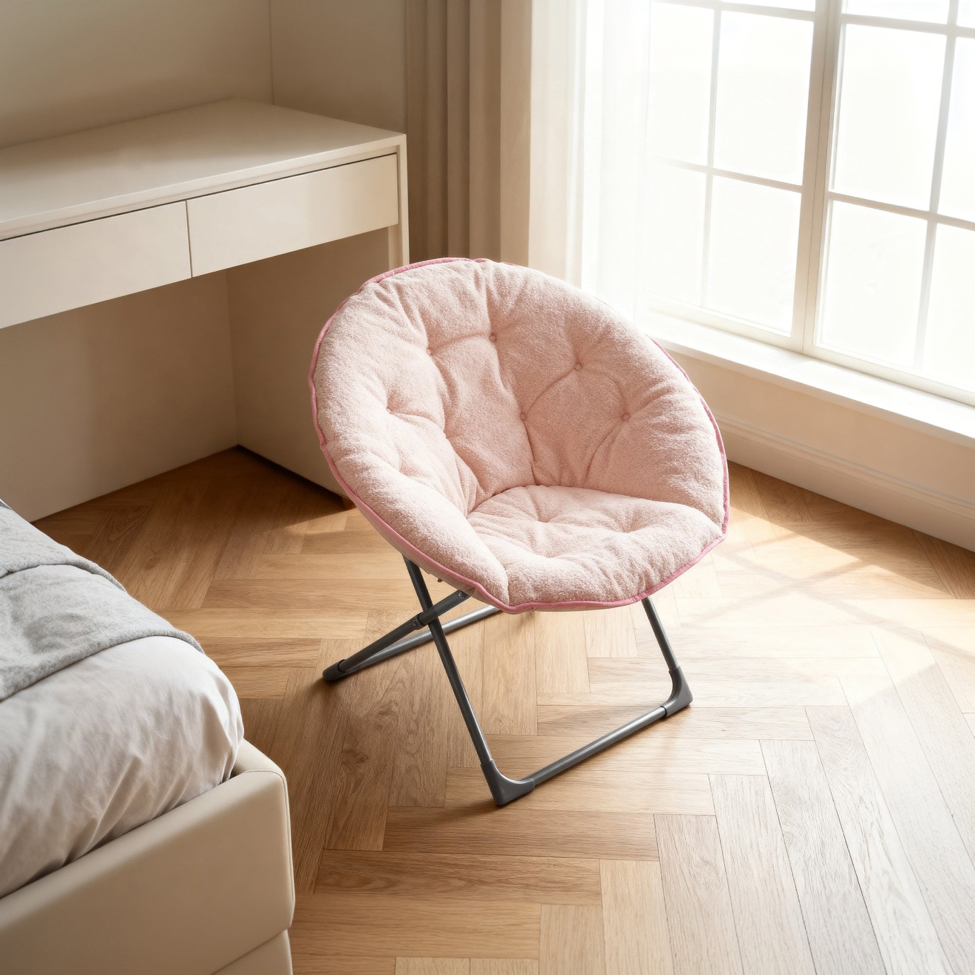 Folding Saucer/Moon Chair, Portable Soft Sheep's Wool, Pink