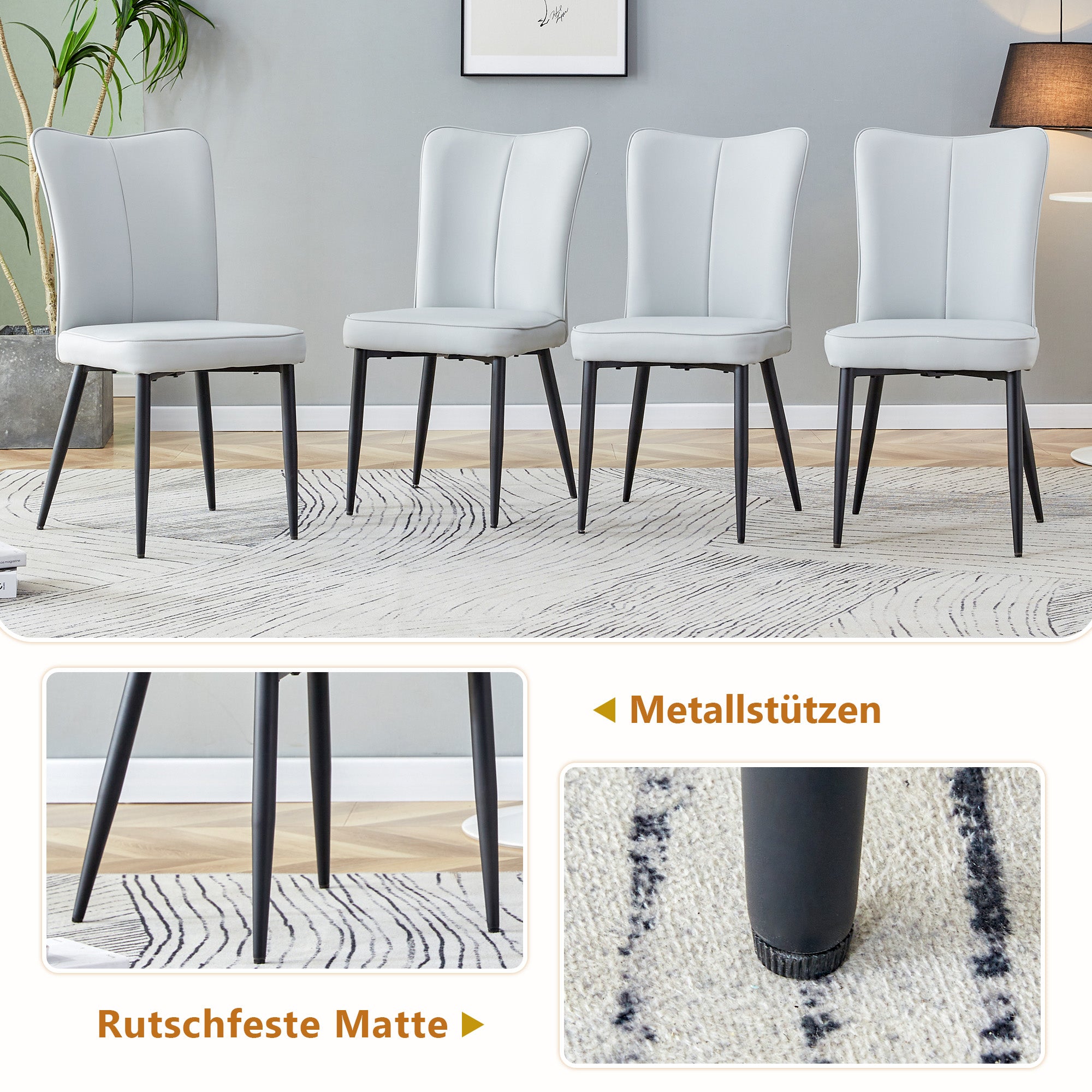 160 cm Dining Table Set with Storage & 4 Modern Chairs, Light Grey PU Leather/Black Metal