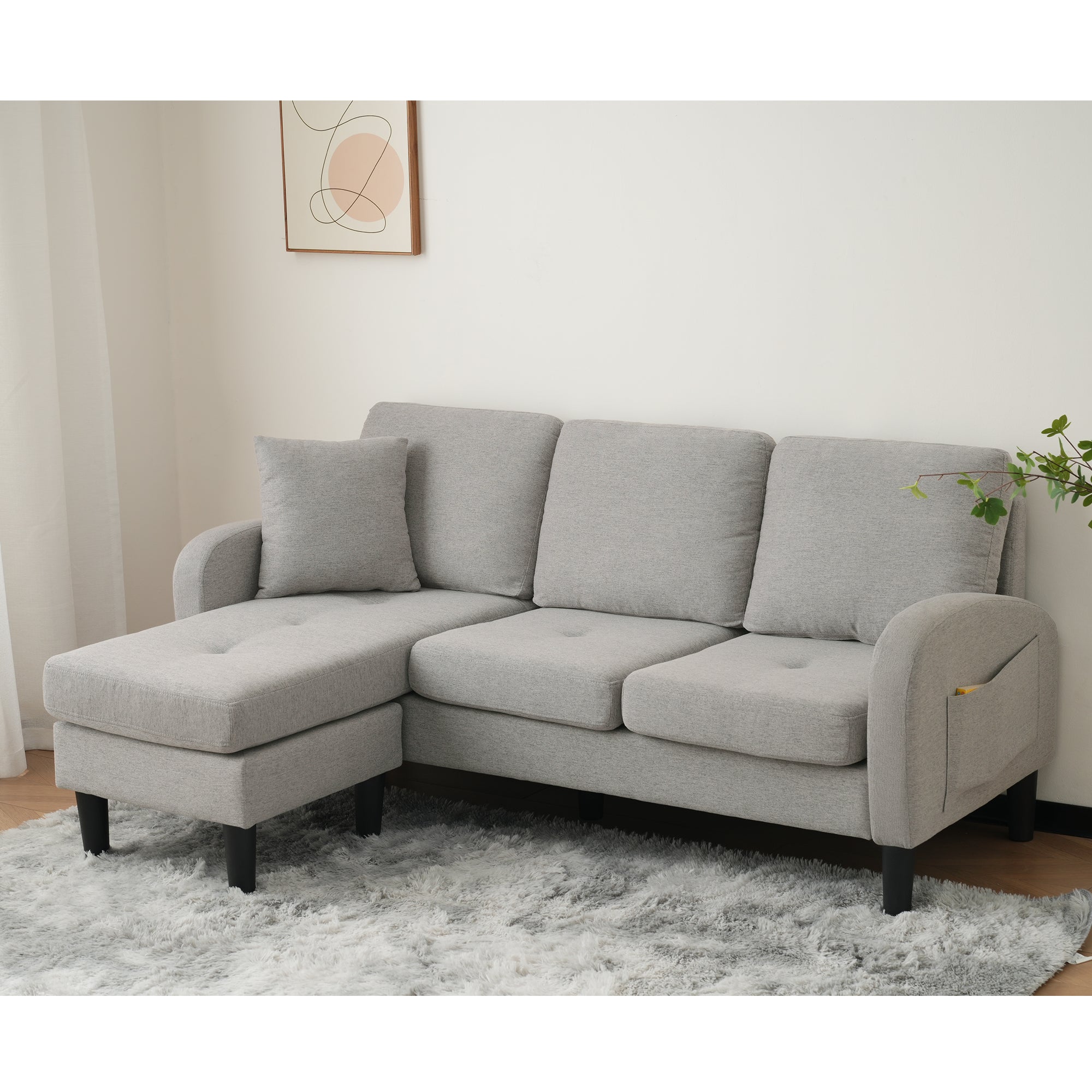 L-shaped Corner Sofa, 3-Seater with Chaise Longue, Modular, Cotton Linen