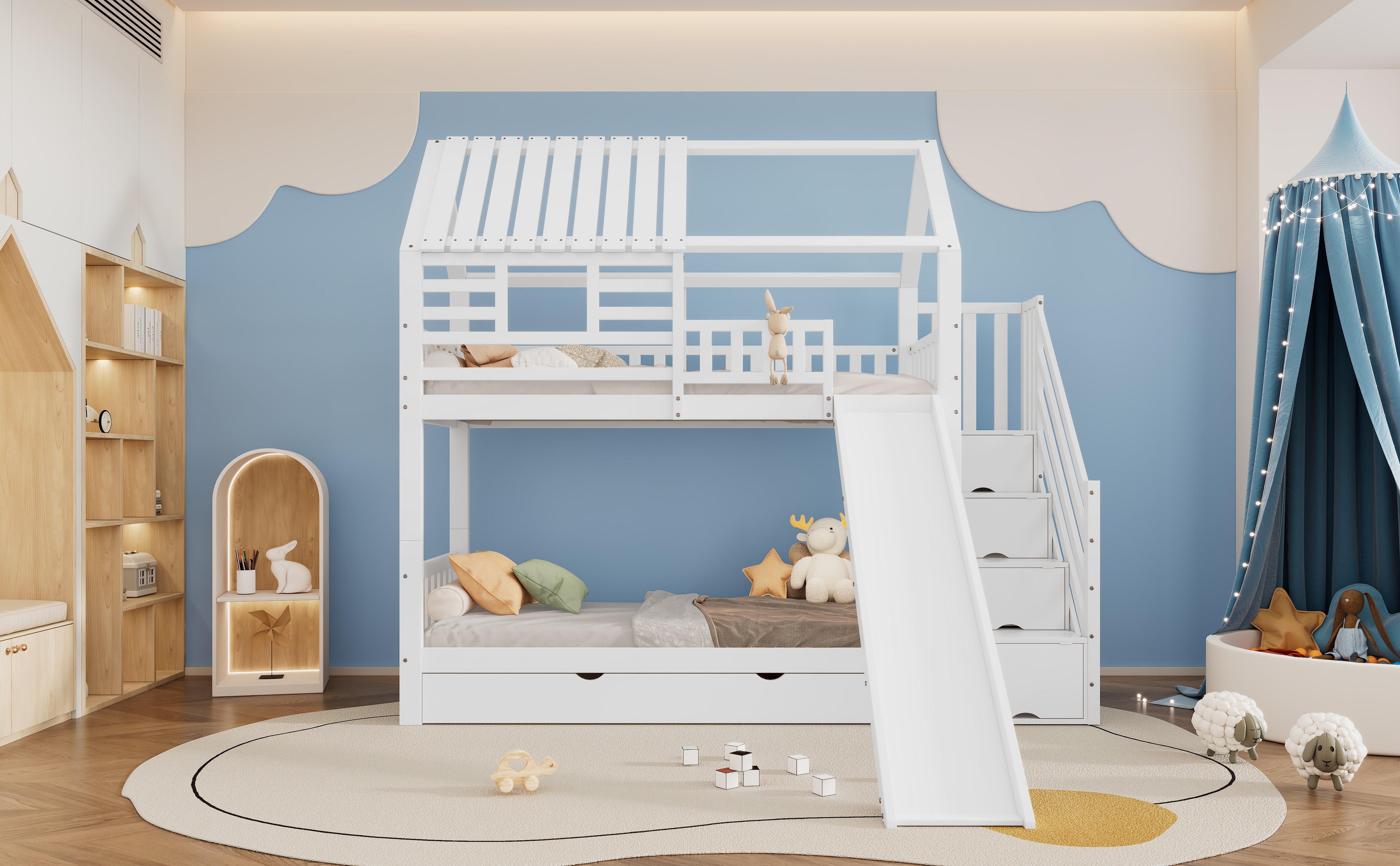Bunk Bed, House Bed with Stairs, Slide, Storage, Safety Gate & Drawer, Pine/MDF, White